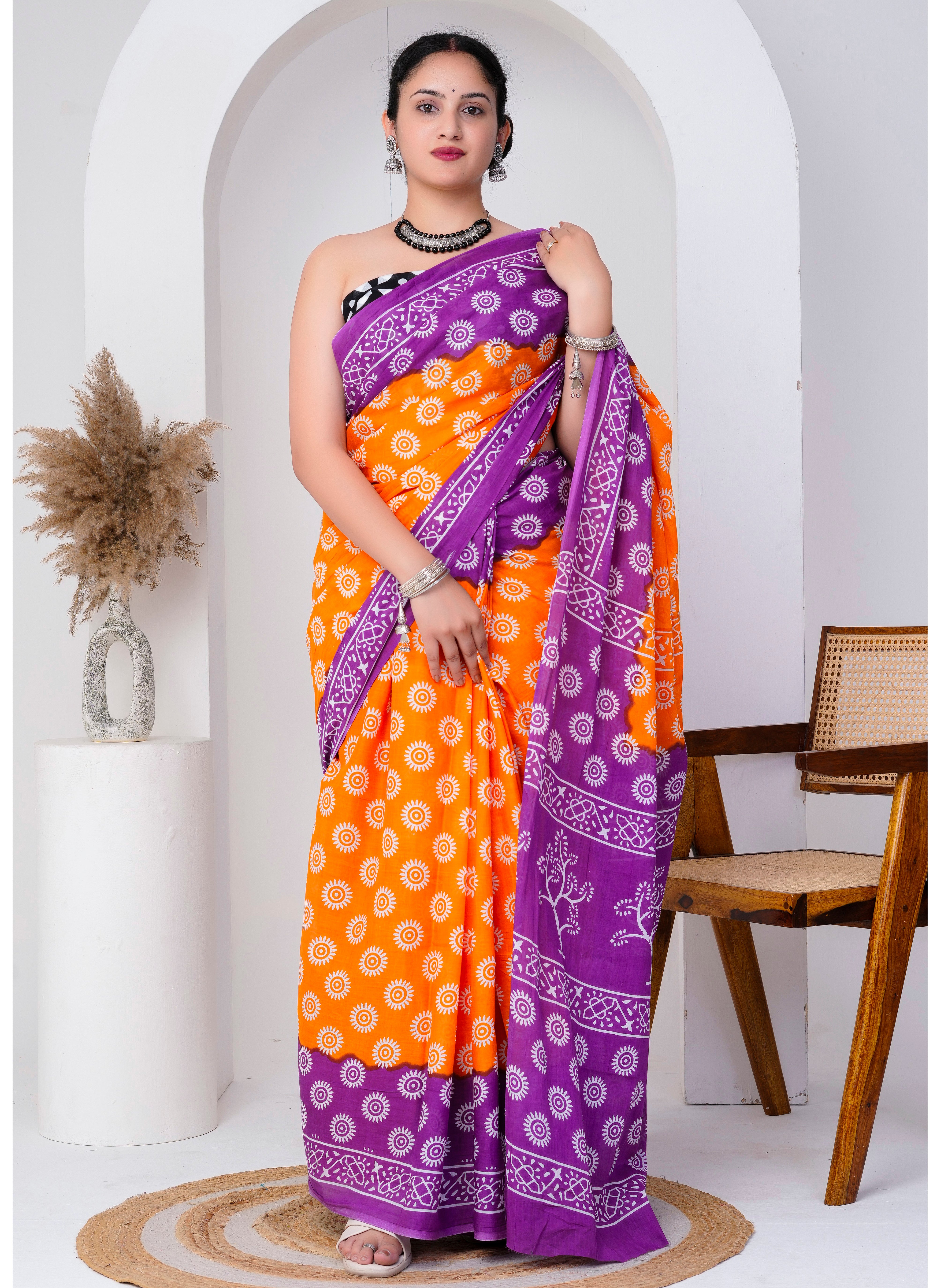 Orange Purple Hand Block Printed Cotton Saree