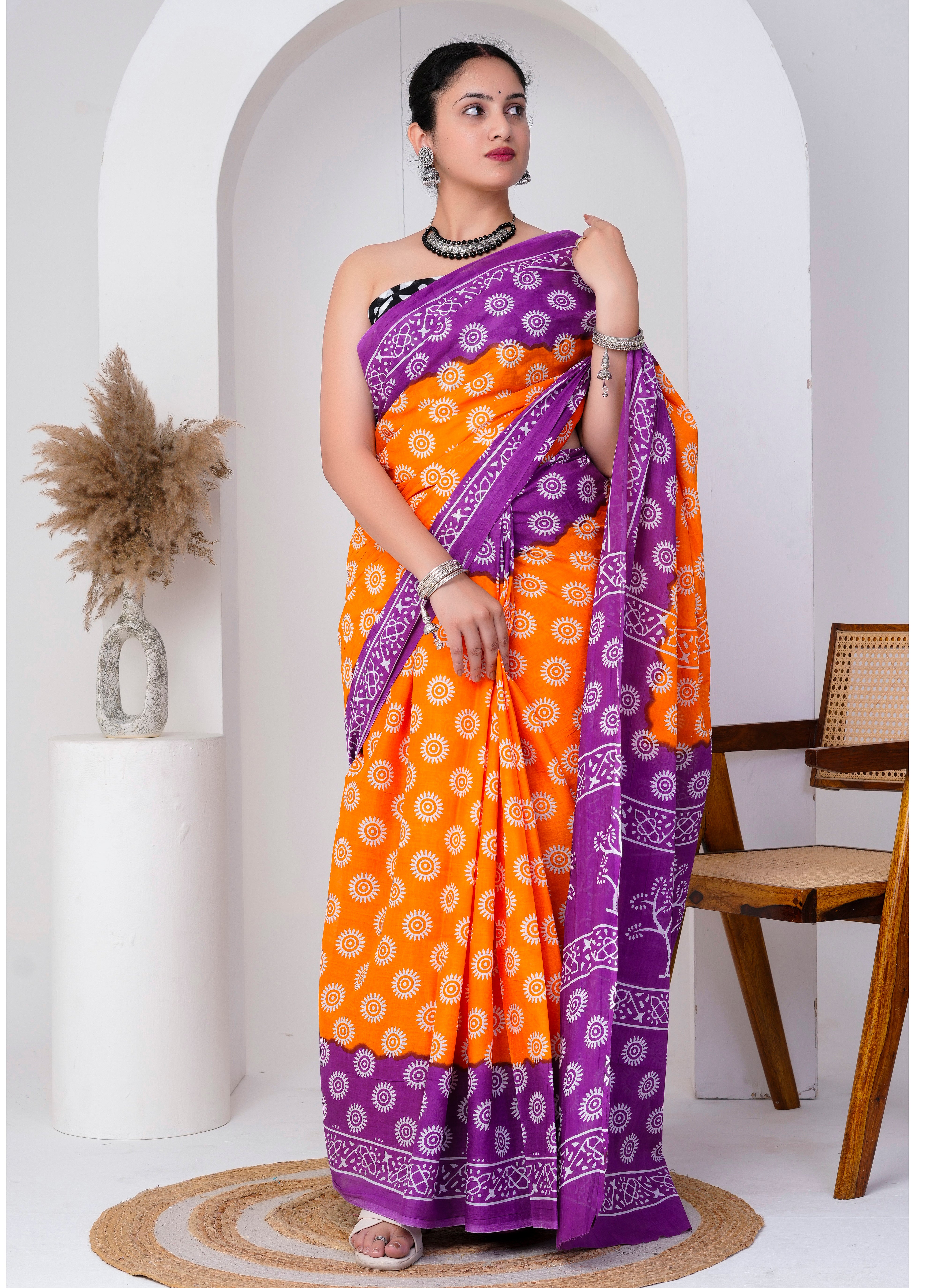 Orange Purple Hand Block Printed Cotton Saree