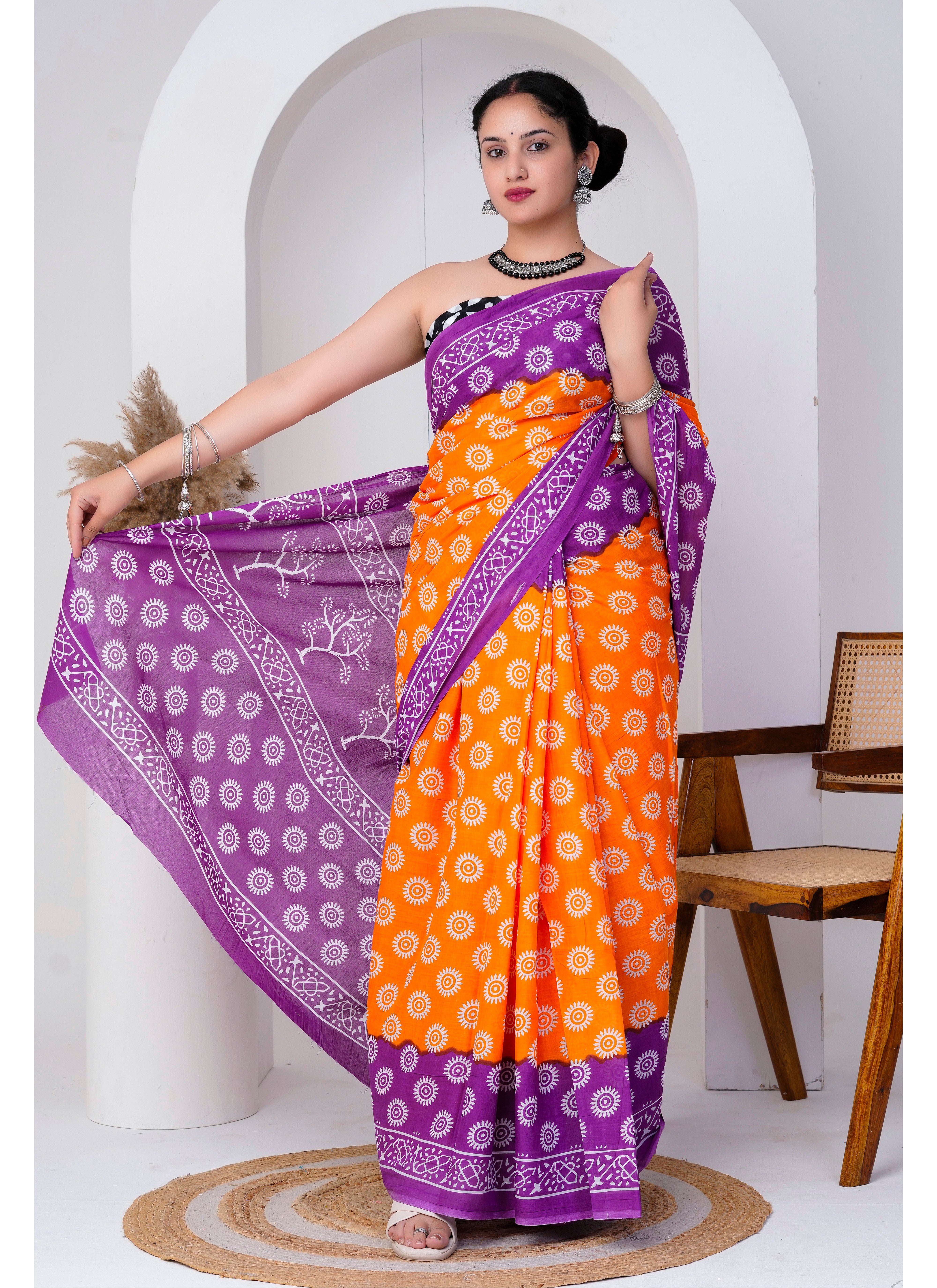 Orange Purple Hand Block Printed Cotton Saree