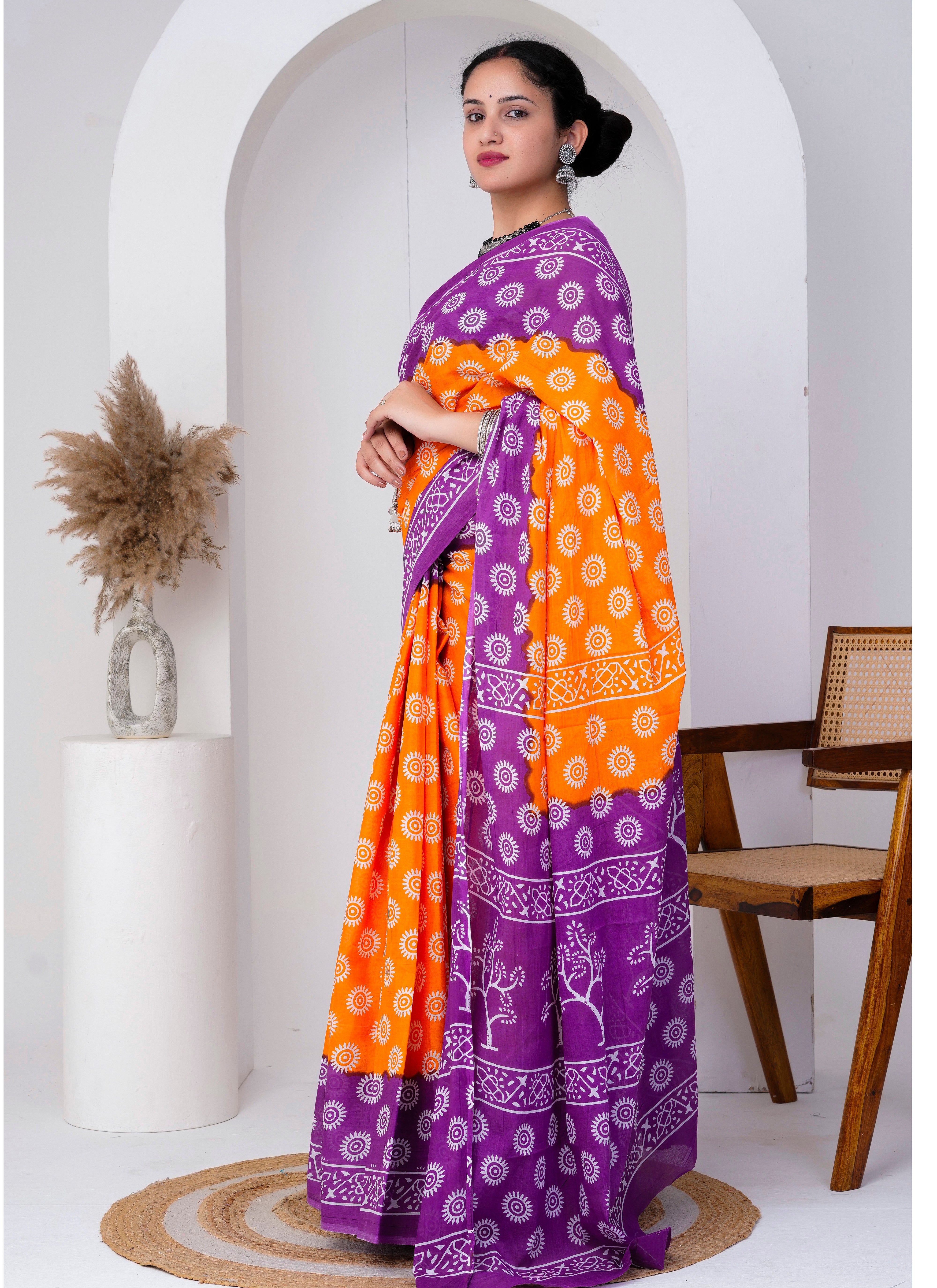 Orange Purple Hand Block Printed Cotton Saree