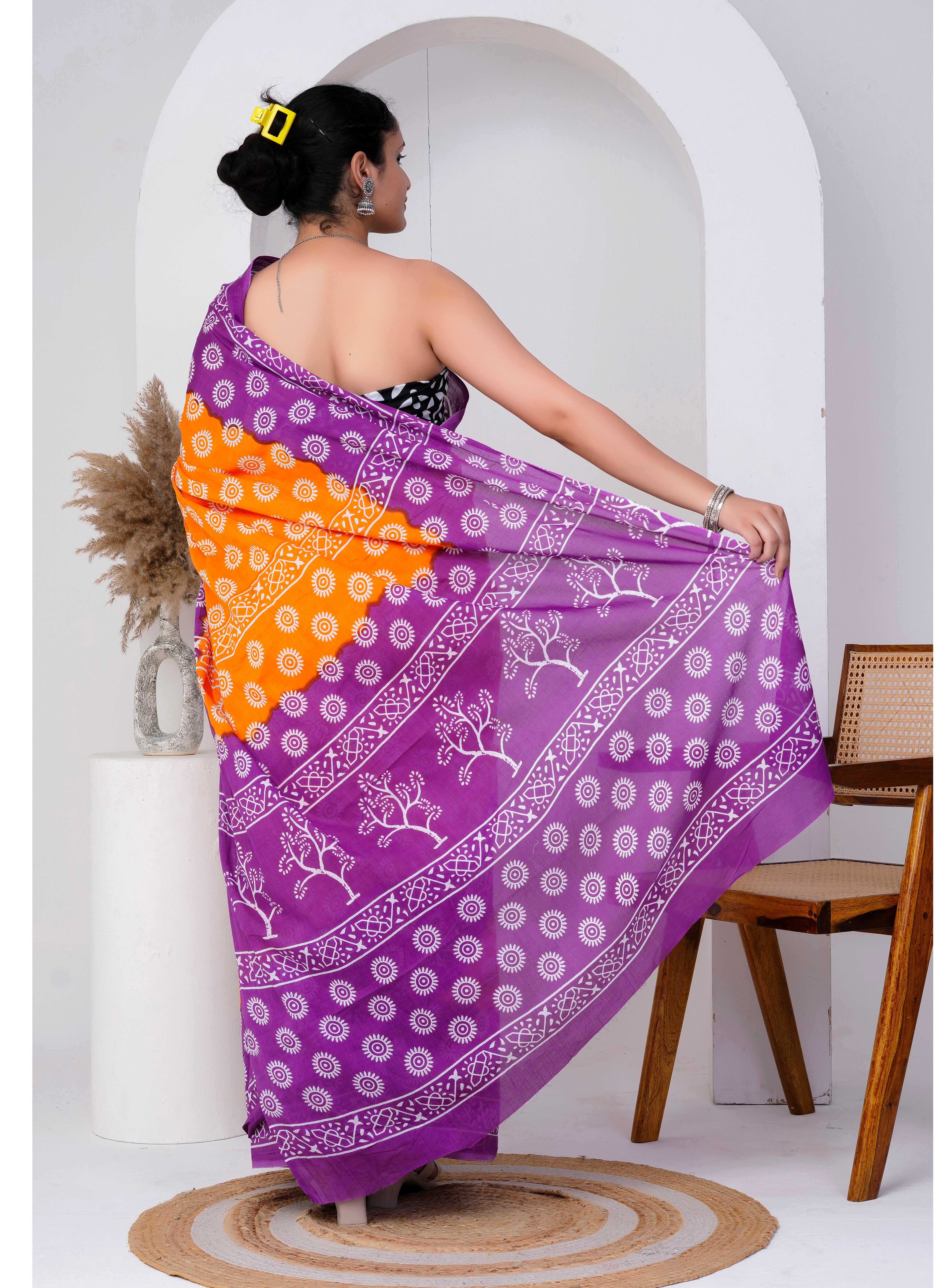 Orange Purple Hand Block Printed Cotton Saree