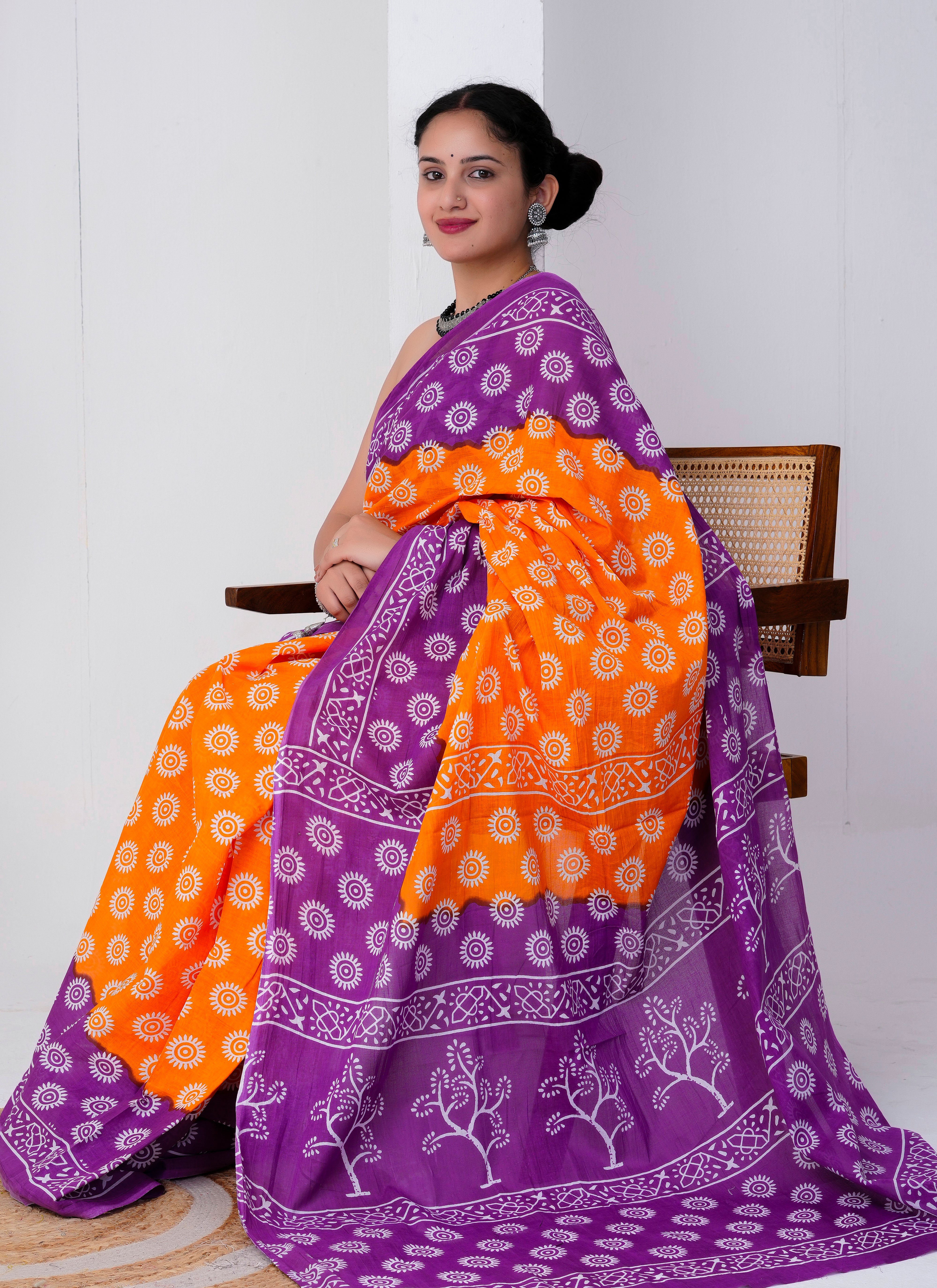 Orange Purple Hand Block Printed Cotton Saree