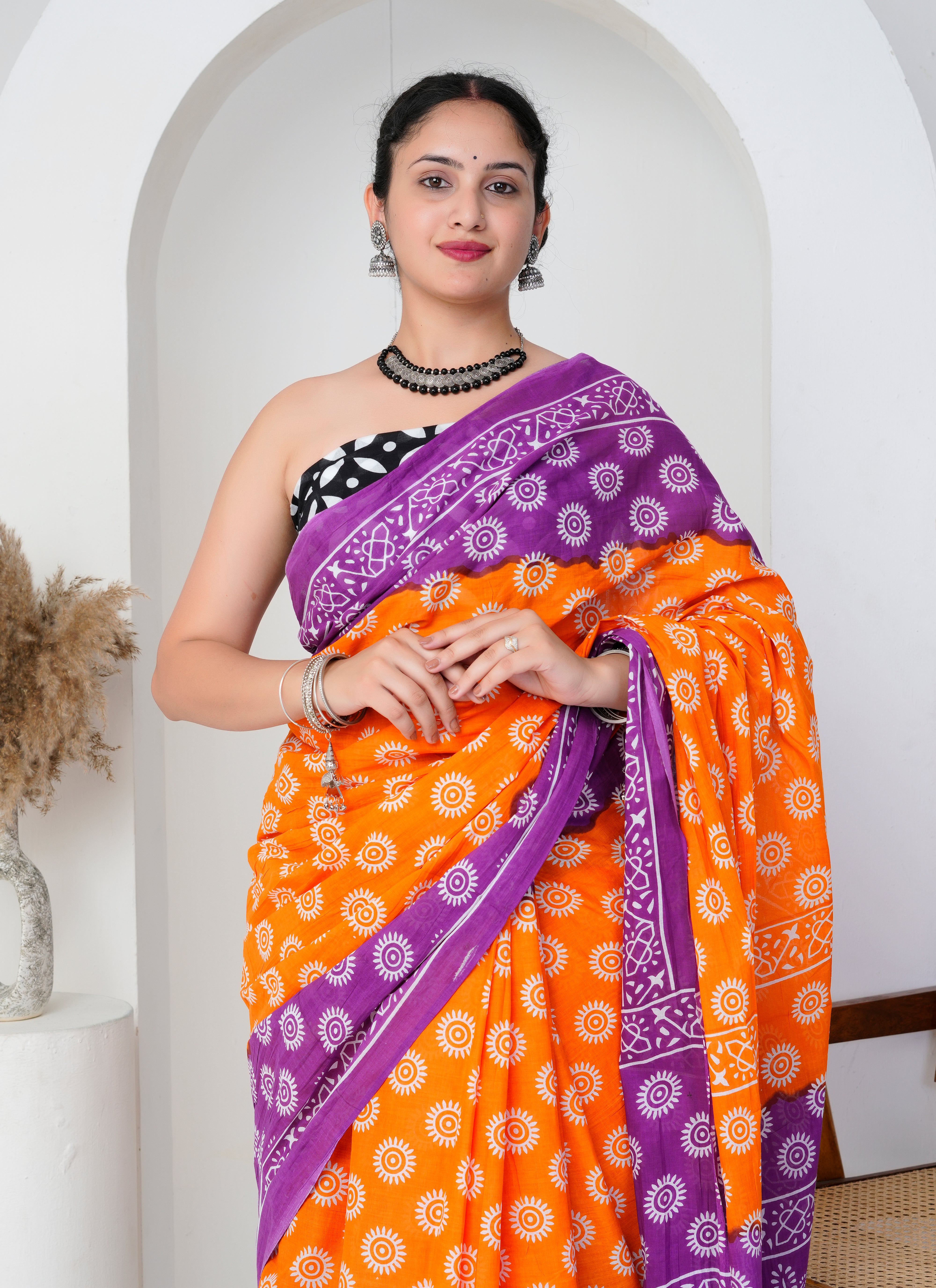 Orange Purple Hand Block Printed Cotton Saree