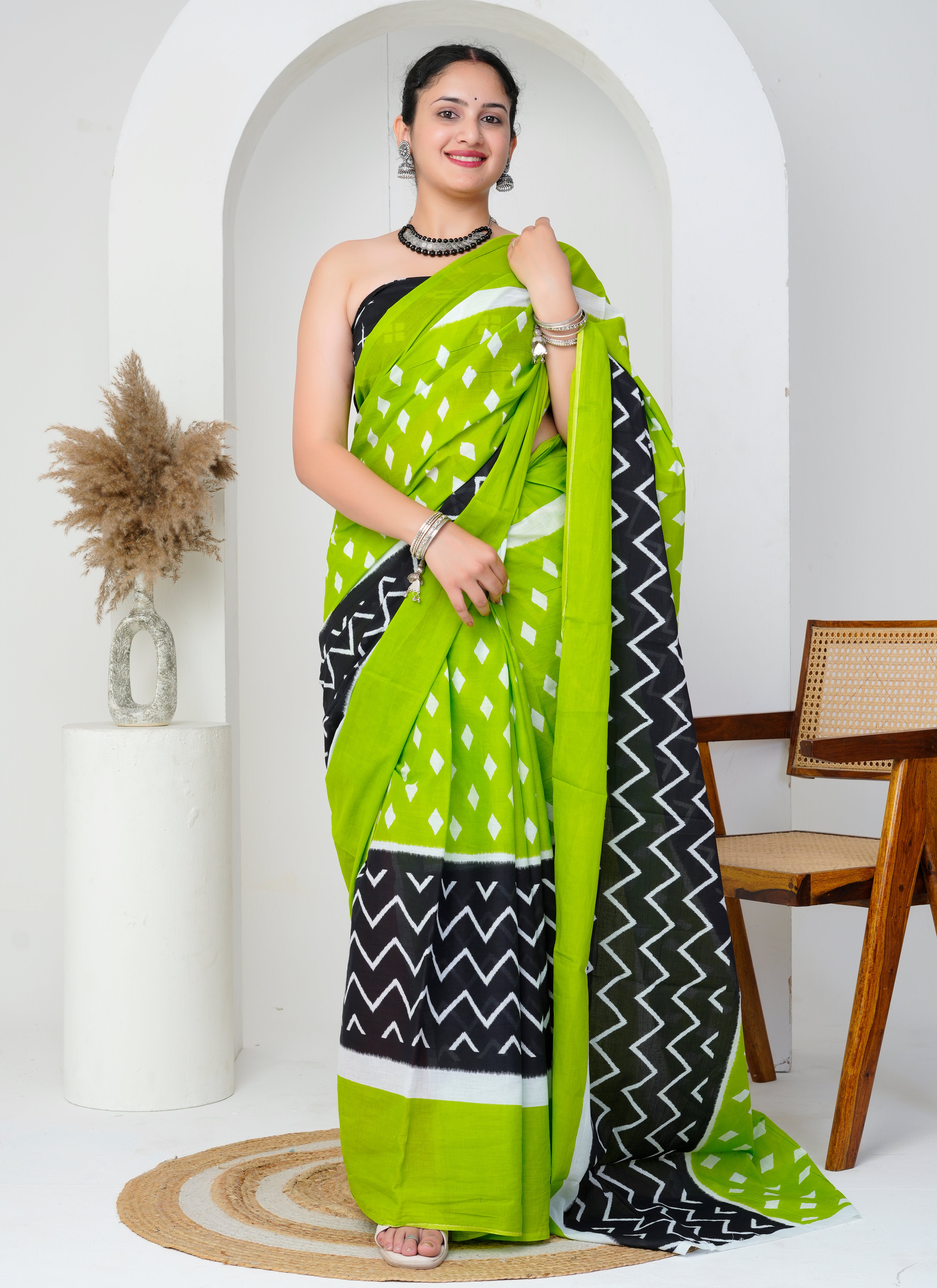 Lime Green - Black Geometric Printed Cotton Saree