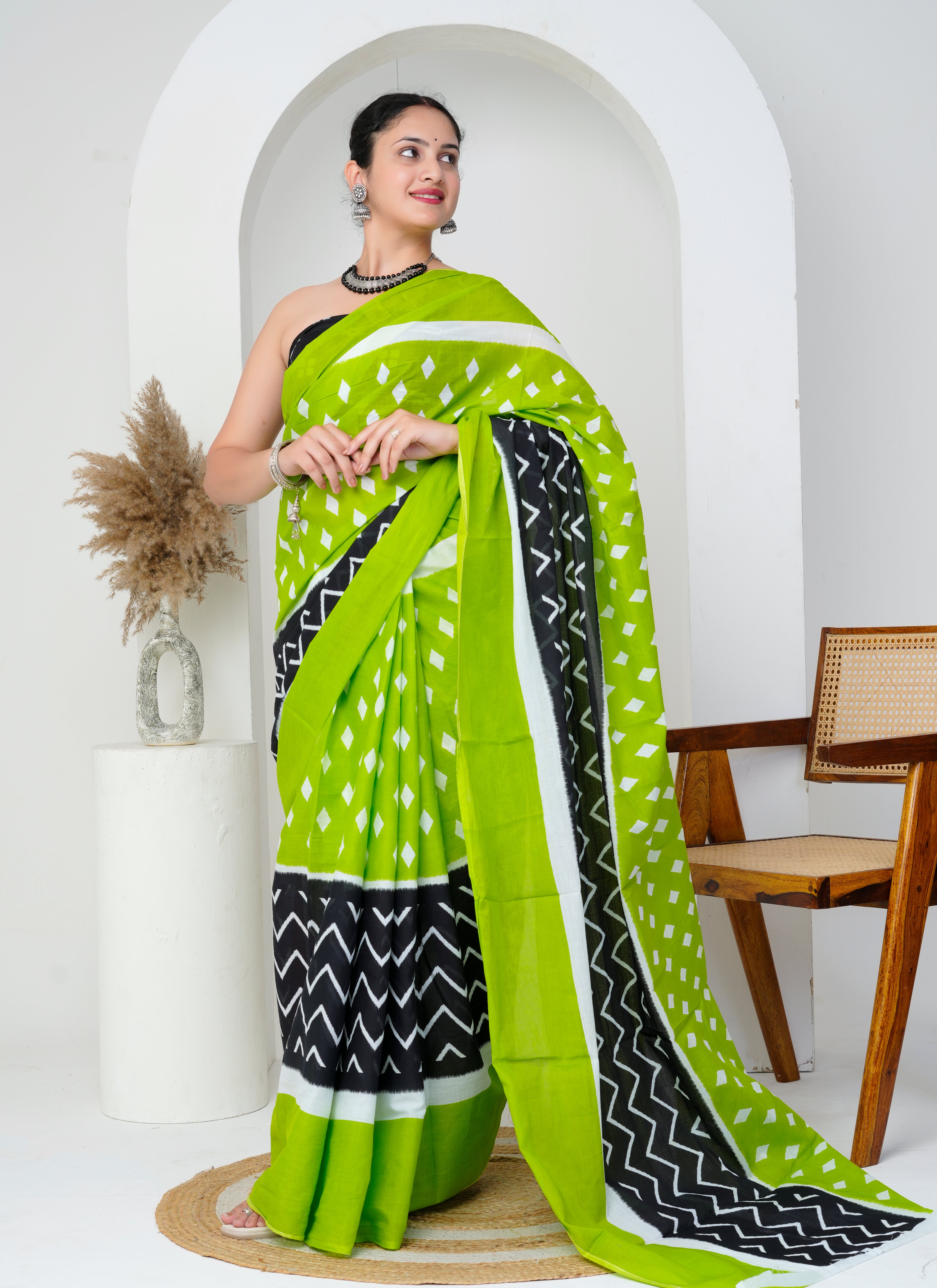 Lime Green - Black Geometric Printed Cotton Saree
