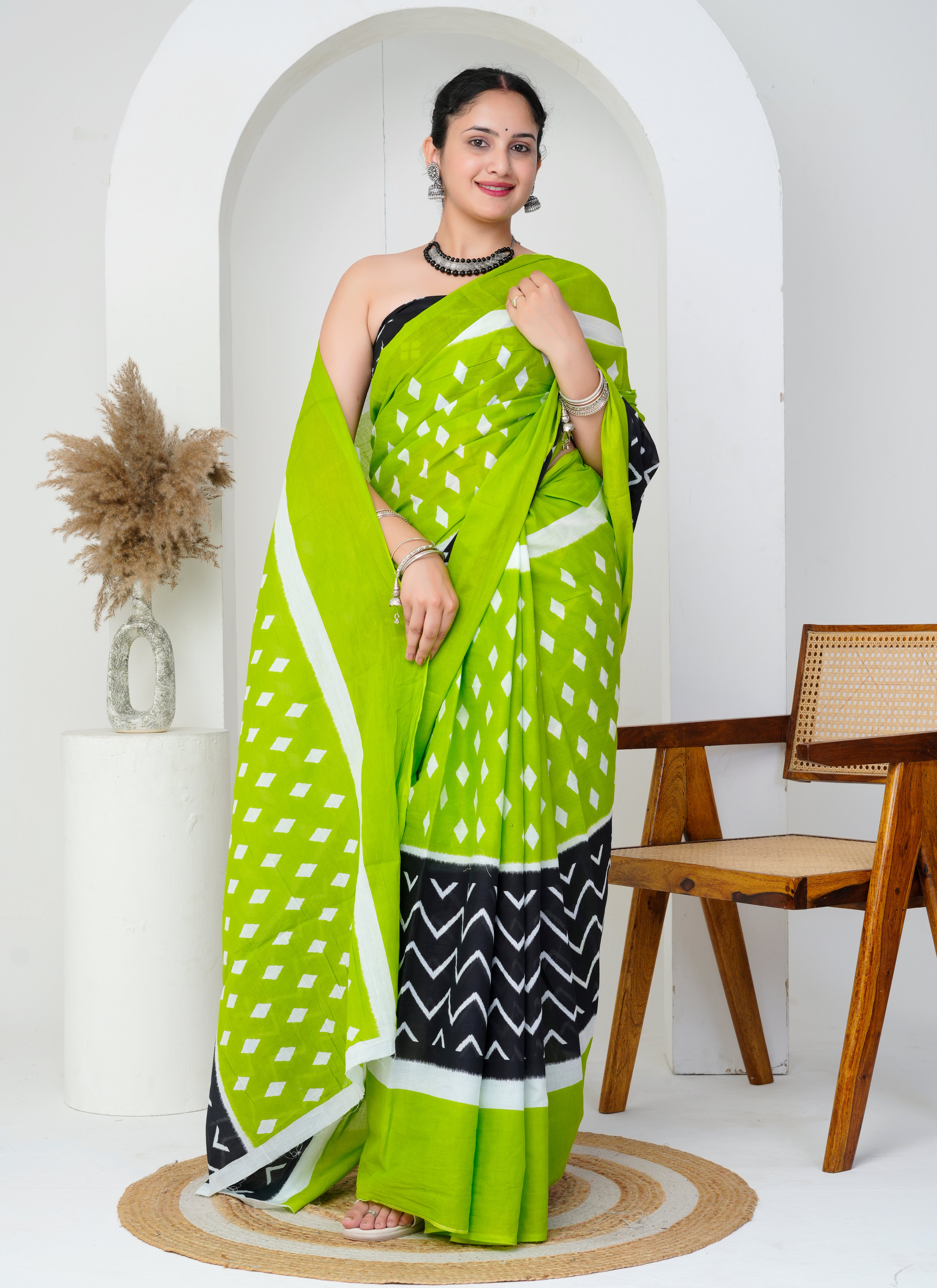 Lime Green - Black Geometric Printed Cotton Saree
