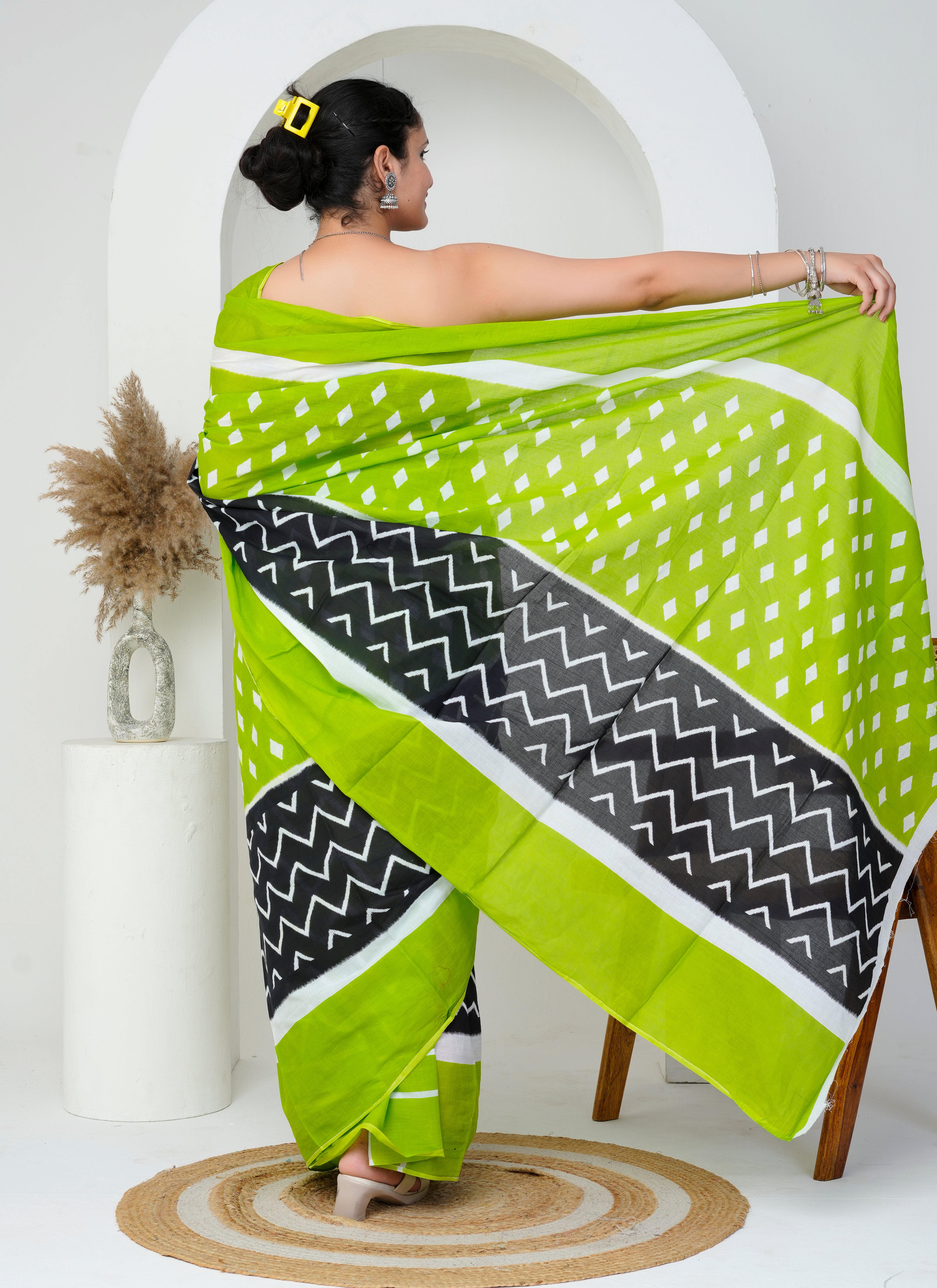 Lime Green - Black Geometric Printed Cotton Saree