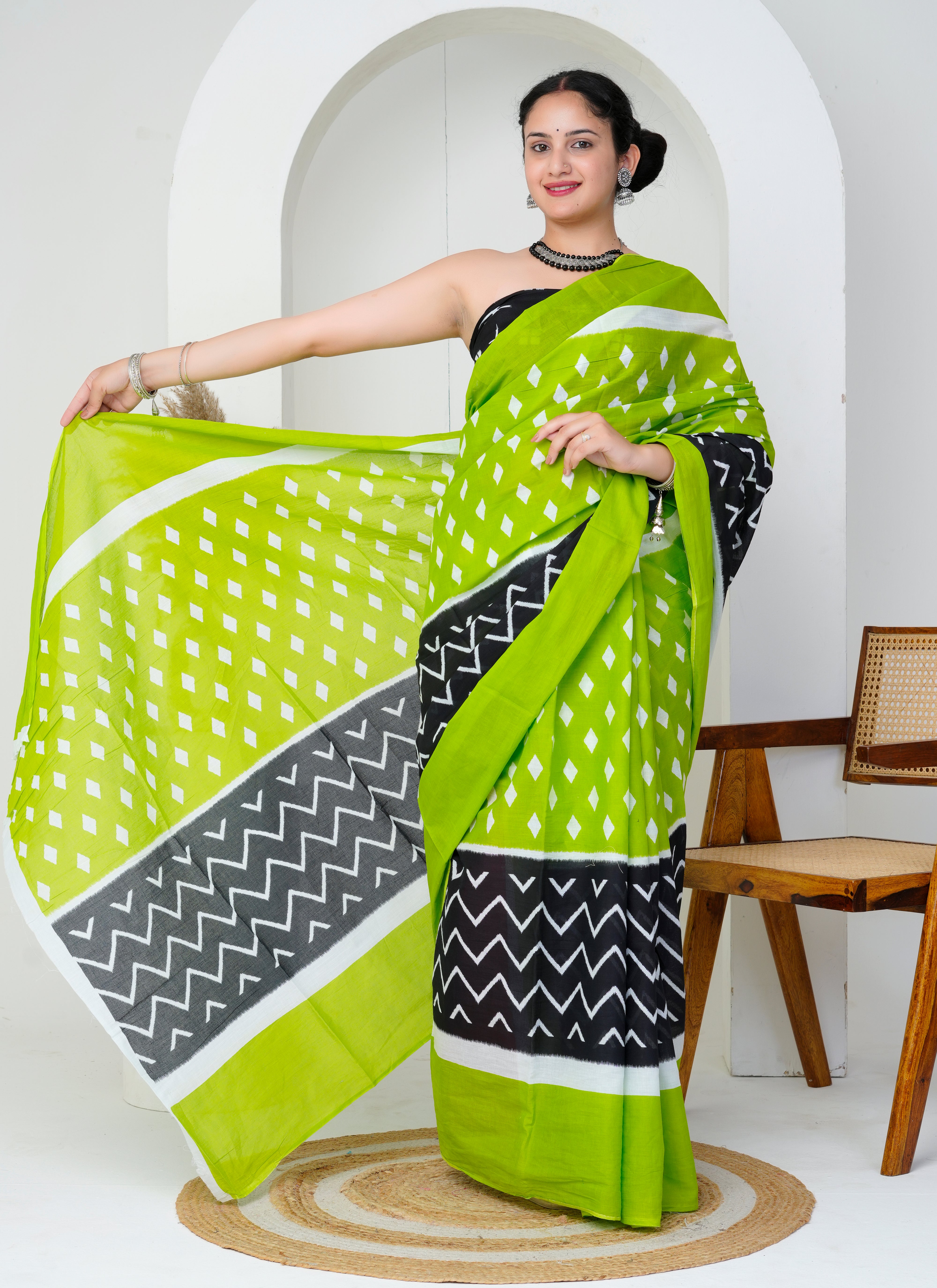 Lime Green - Black Geometric Printed Cotton Saree