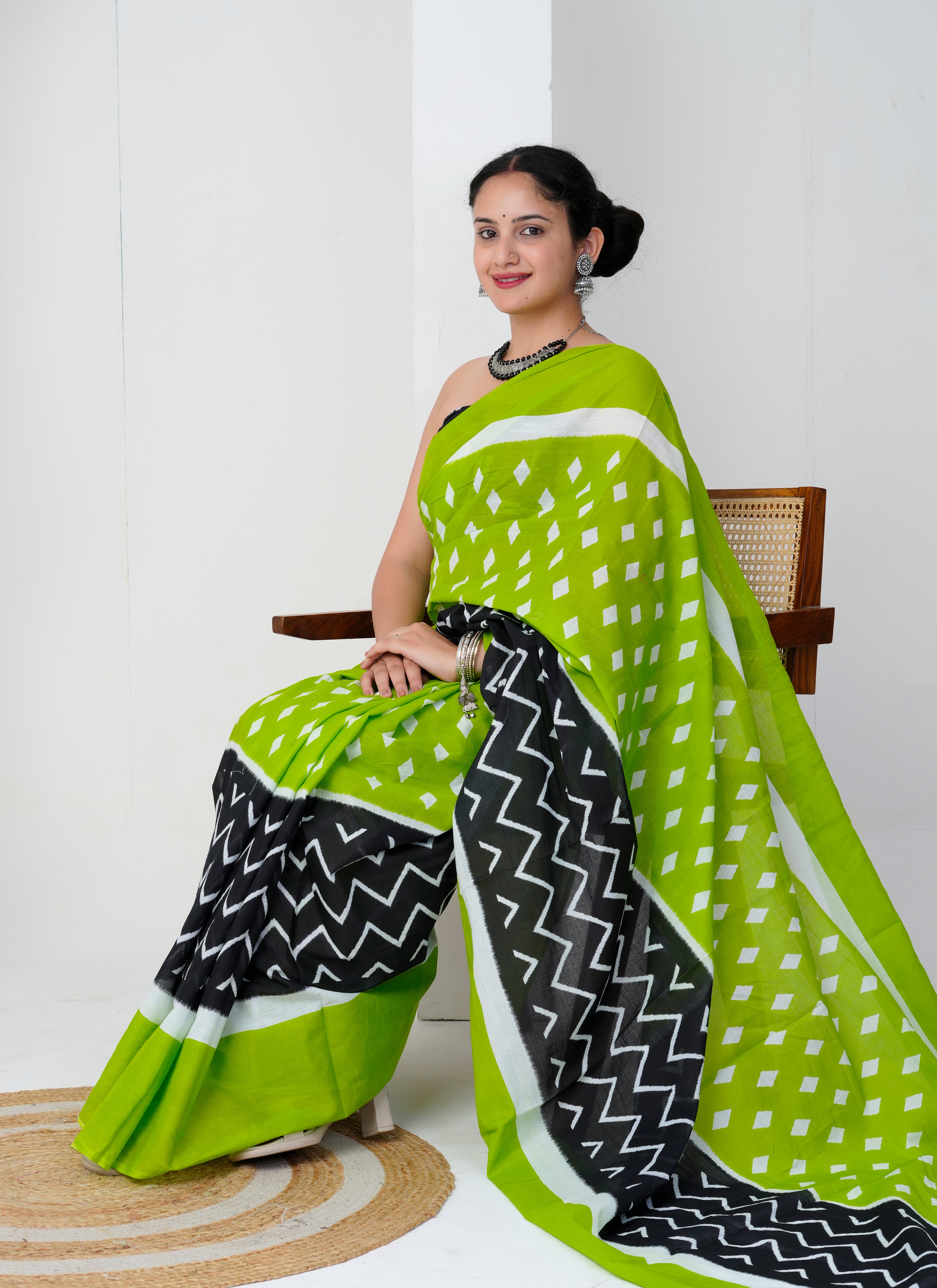 Lime Green - Black Geometric Printed Cotton Saree