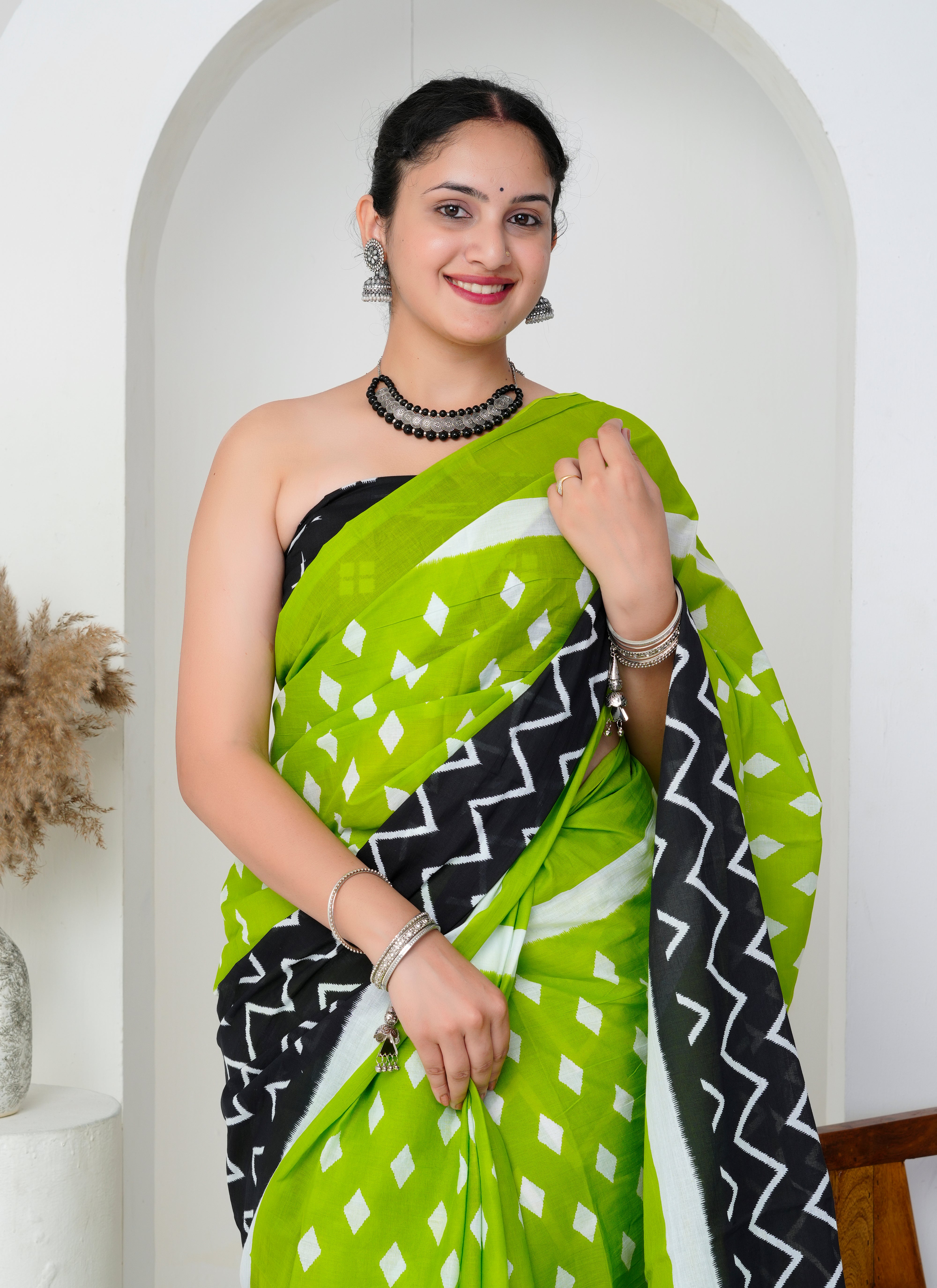 Lime Green - Black Geometric Printed Cotton Saree