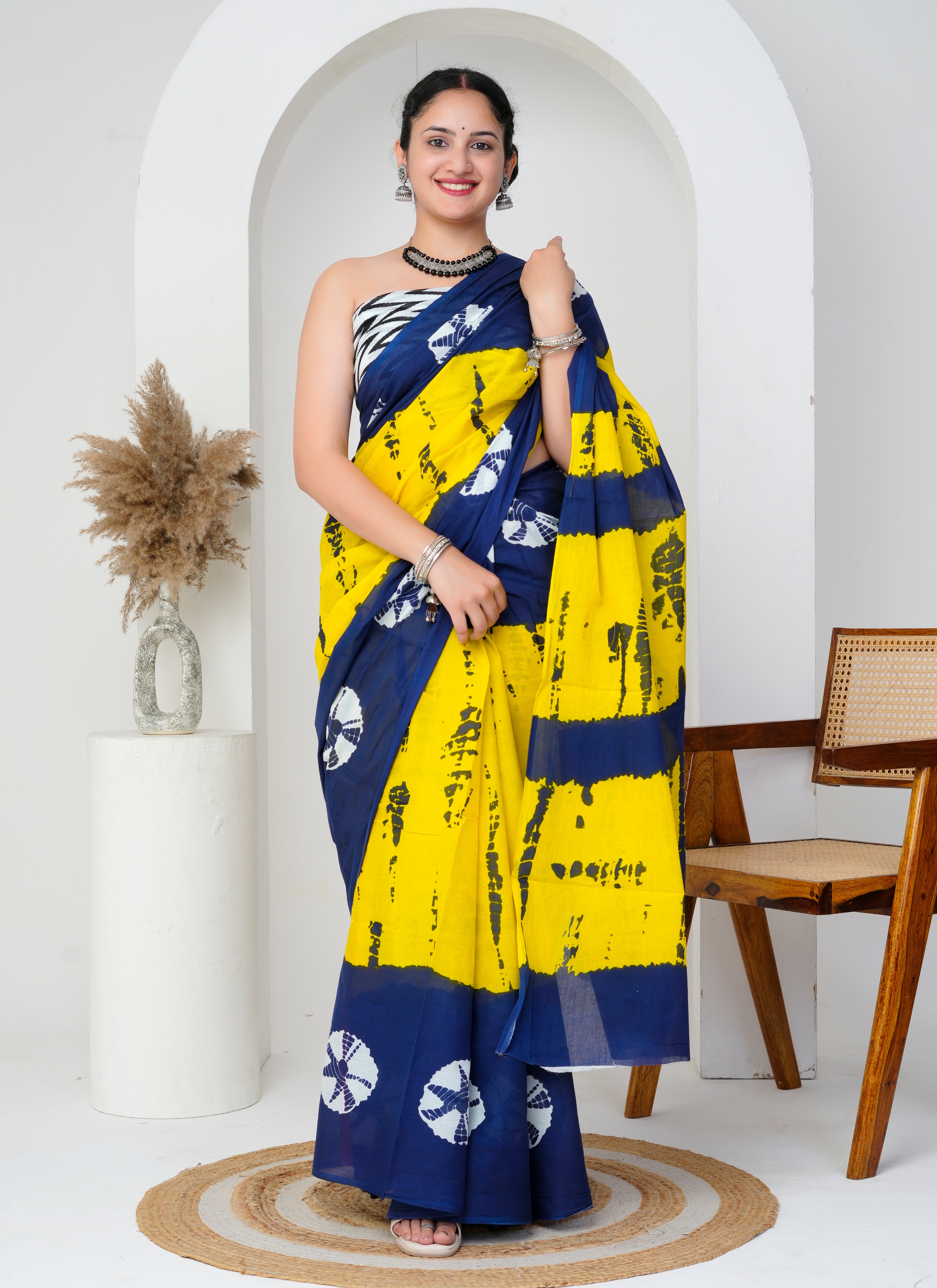 Yellow - Navy Blue Cotton Saree