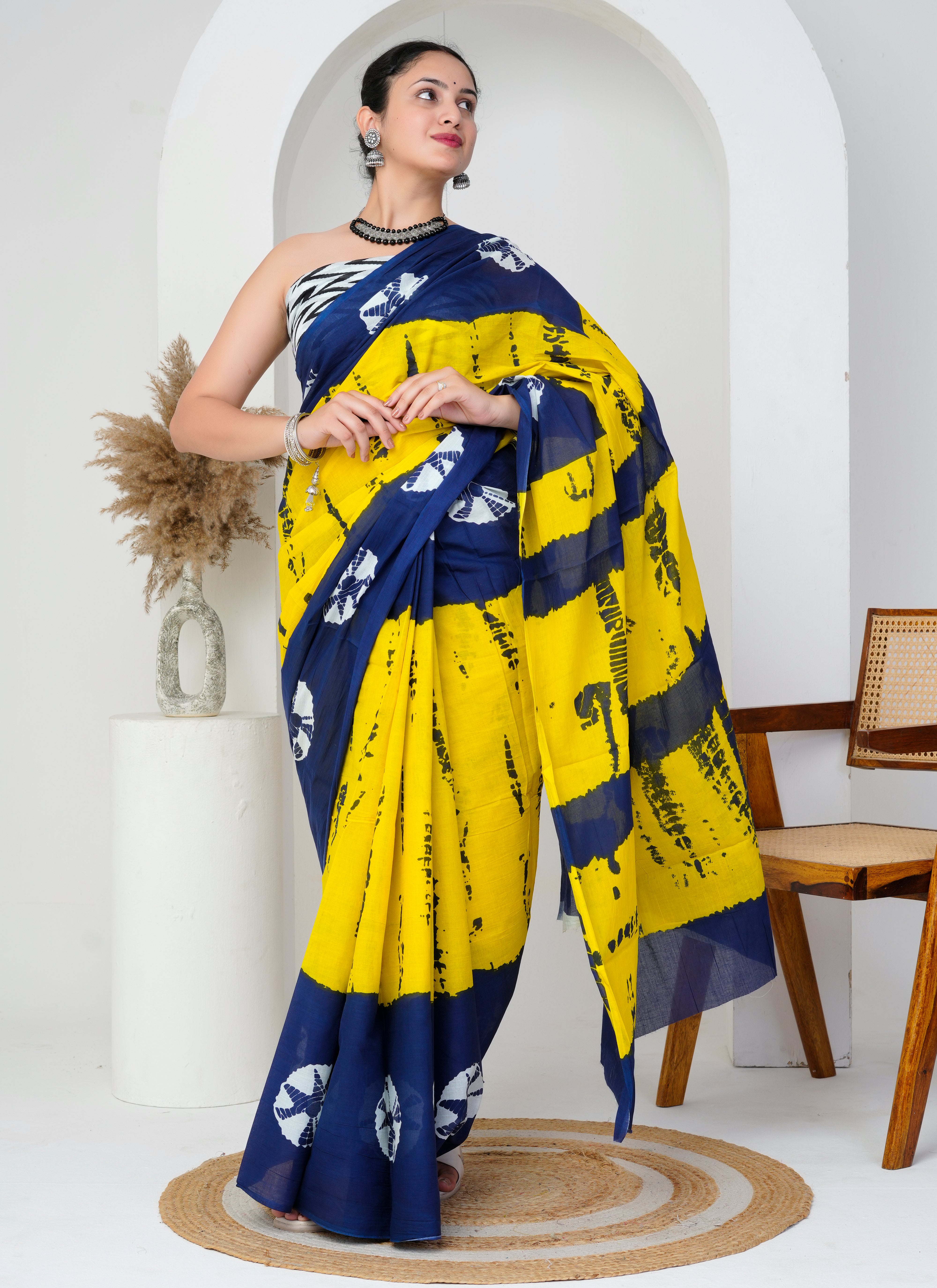 Yellow - Navy Blue Cotton Saree