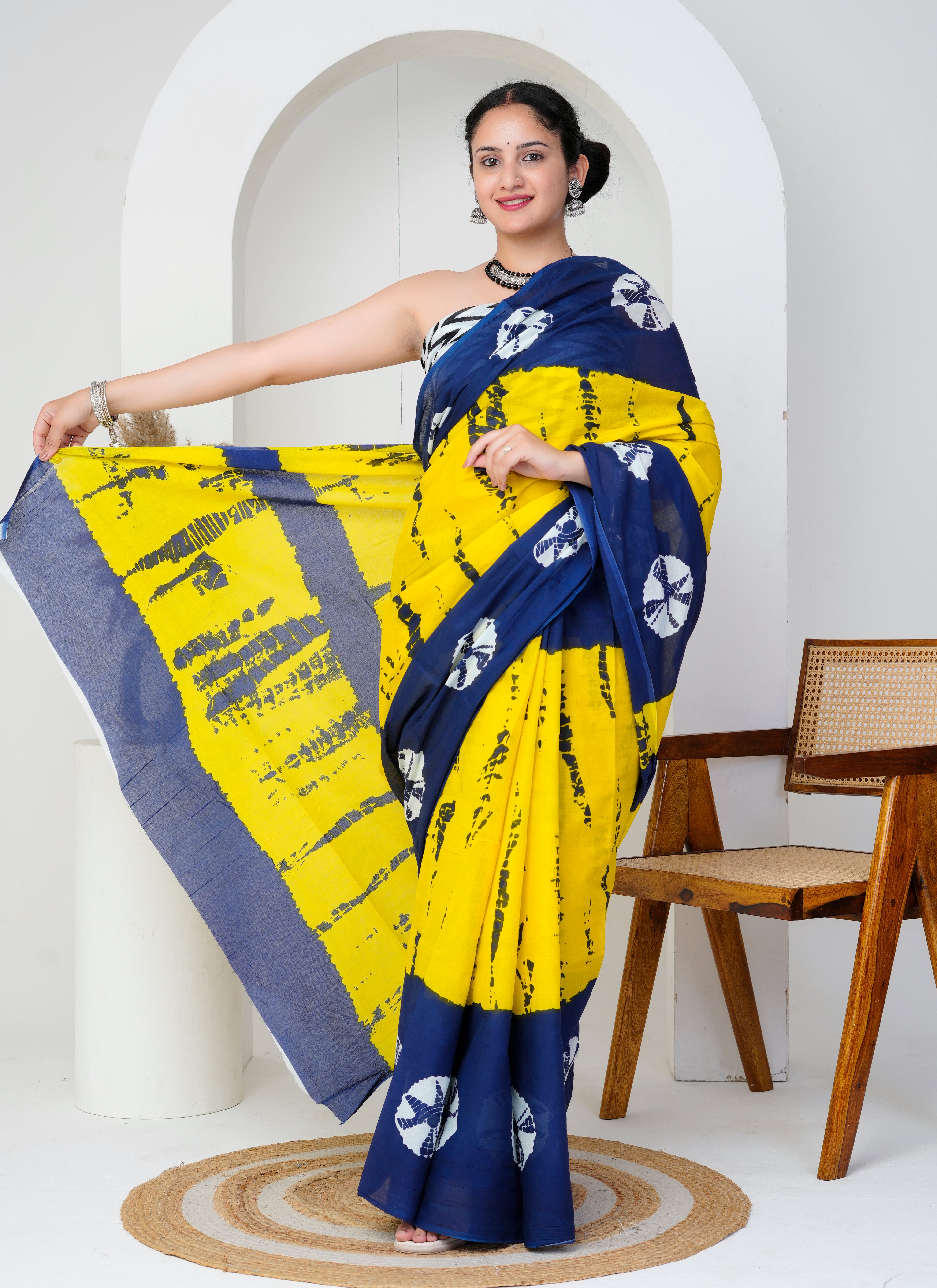 Yellow - Navy Blue Cotton Saree