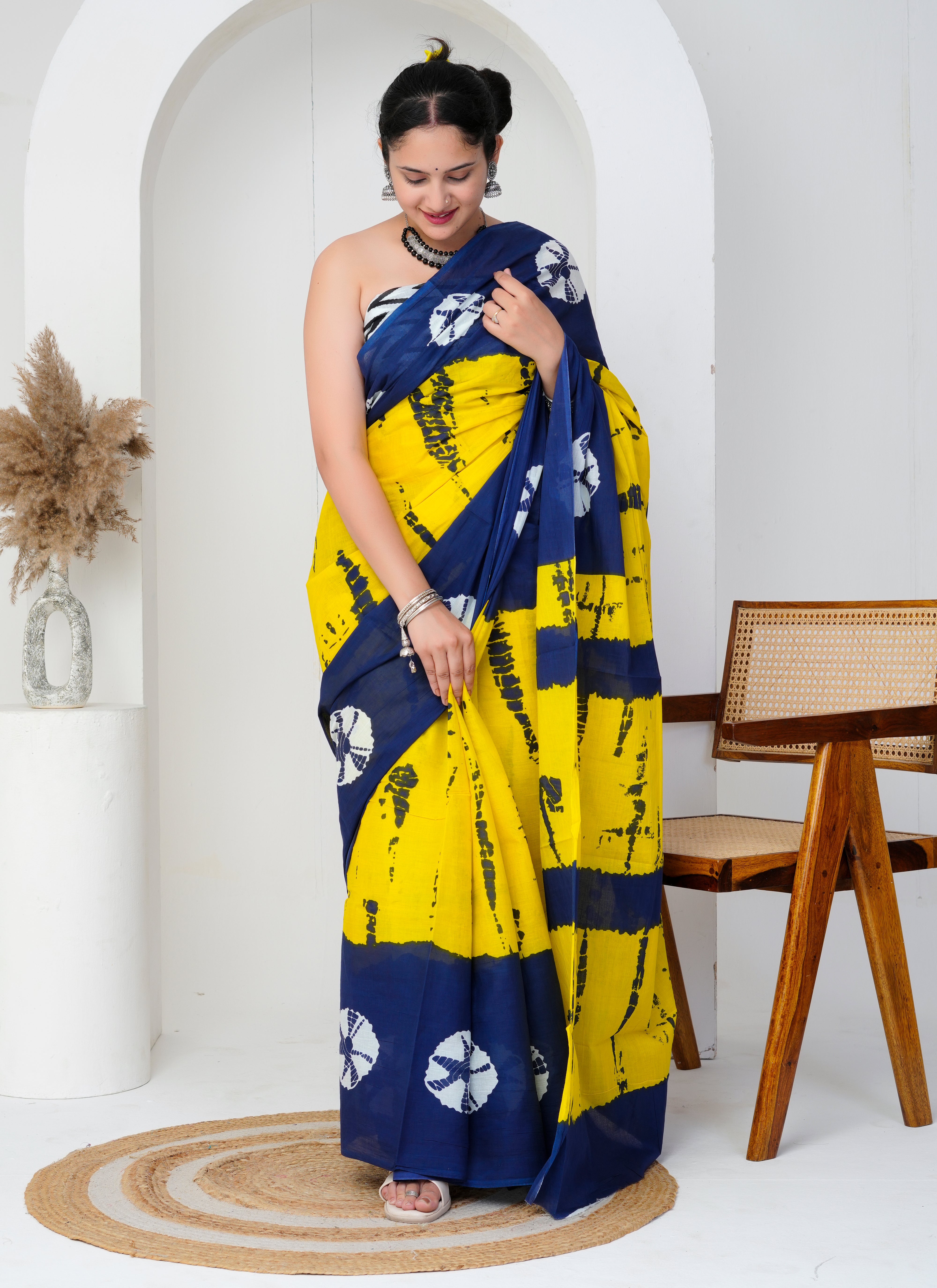 Yellow - Navy Blue Cotton Saree
