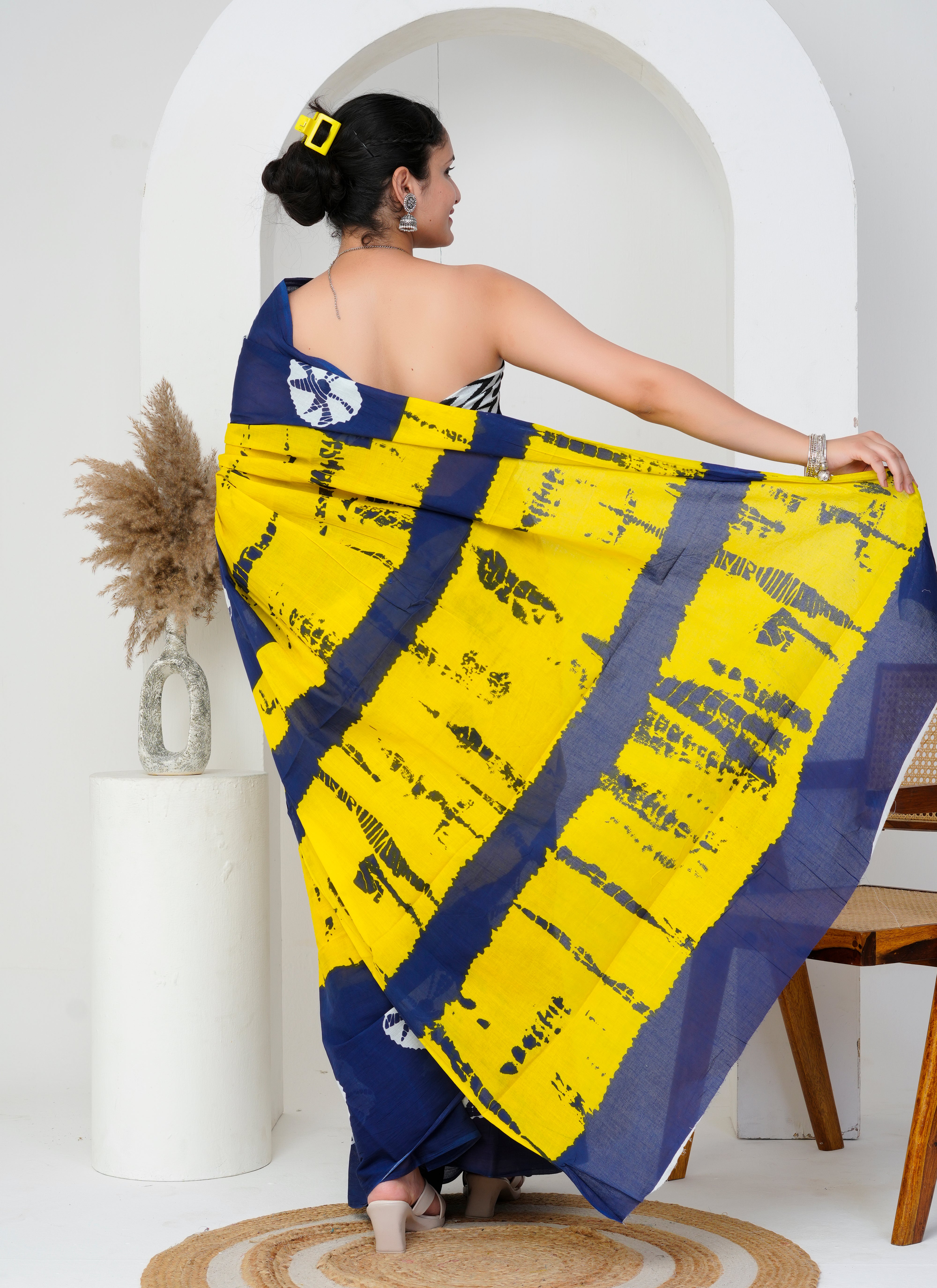 Yellow - Navy Blue Cotton Saree