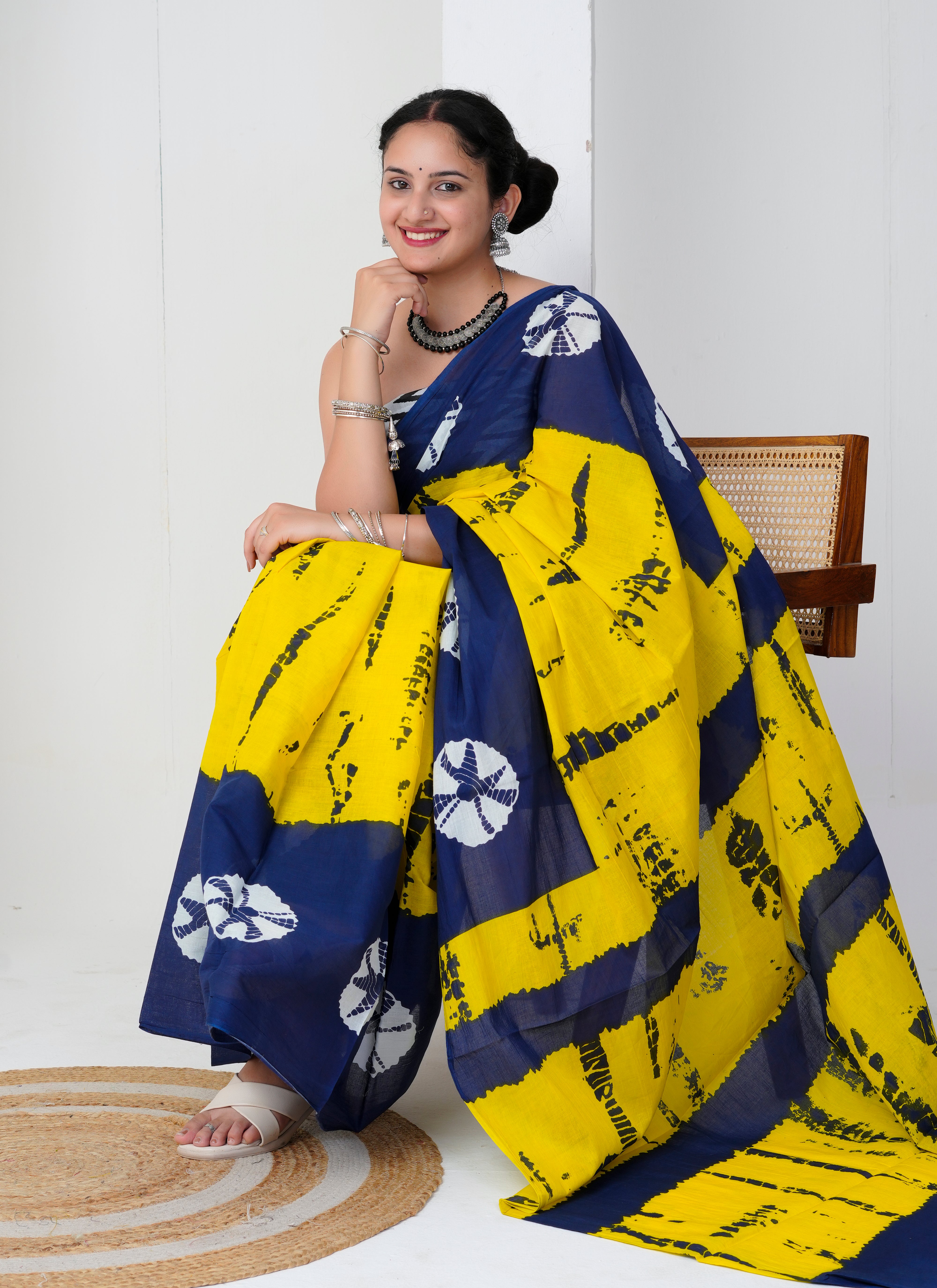 Yellow - Navy Blue Cotton Saree