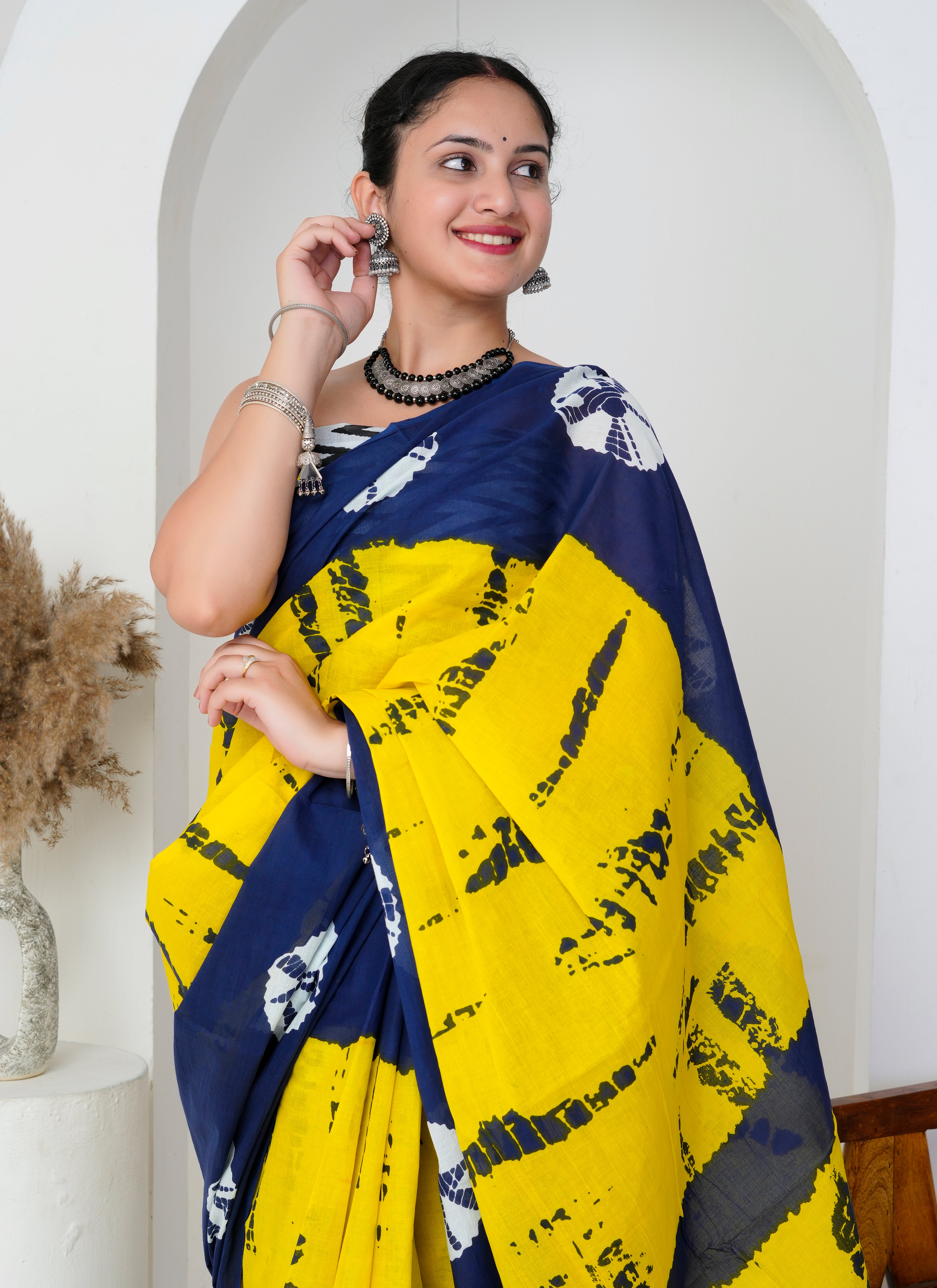 Yellow - Navy Blue Cotton Saree