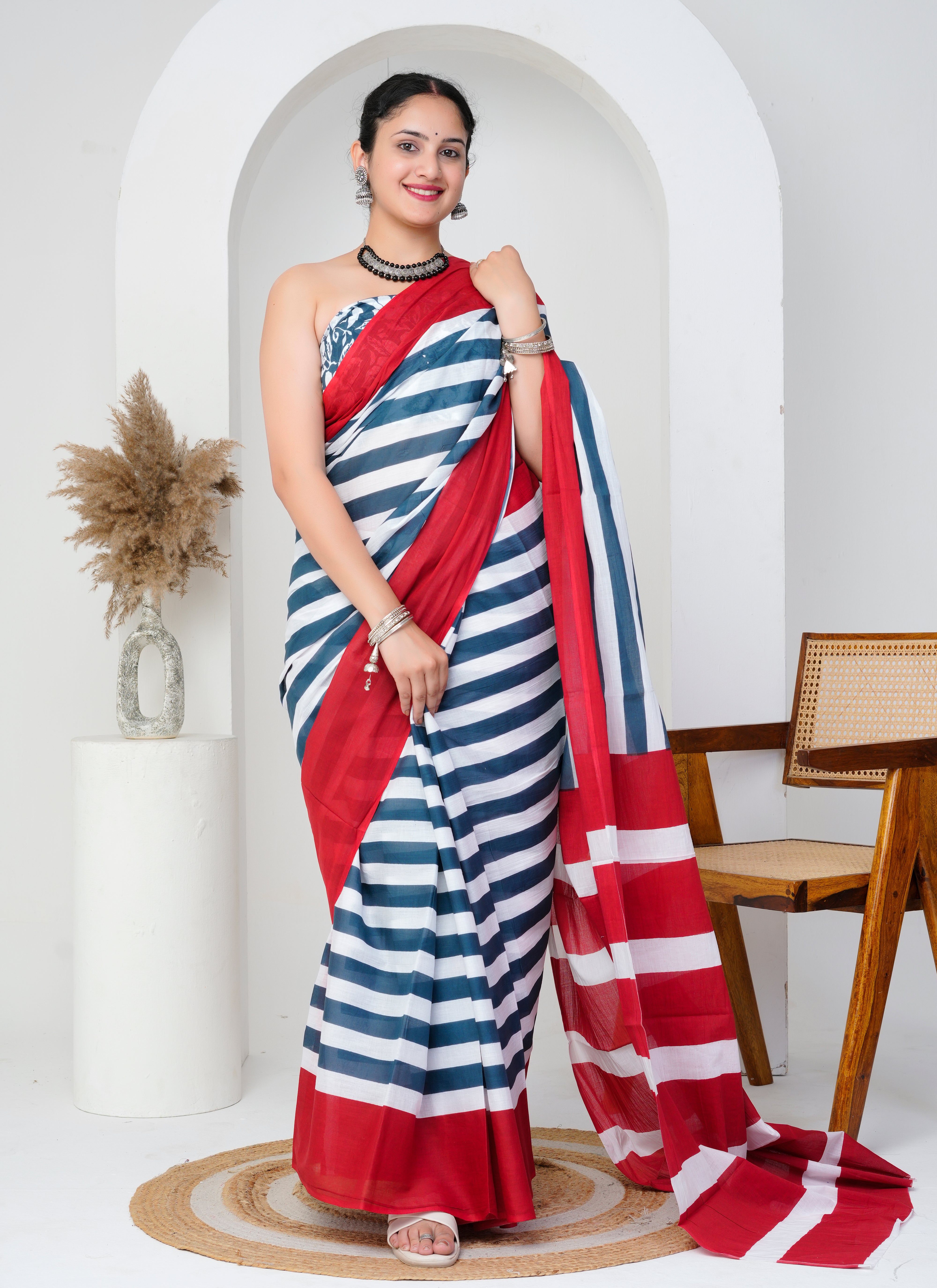 Cotton Saree in Red, Blue and White