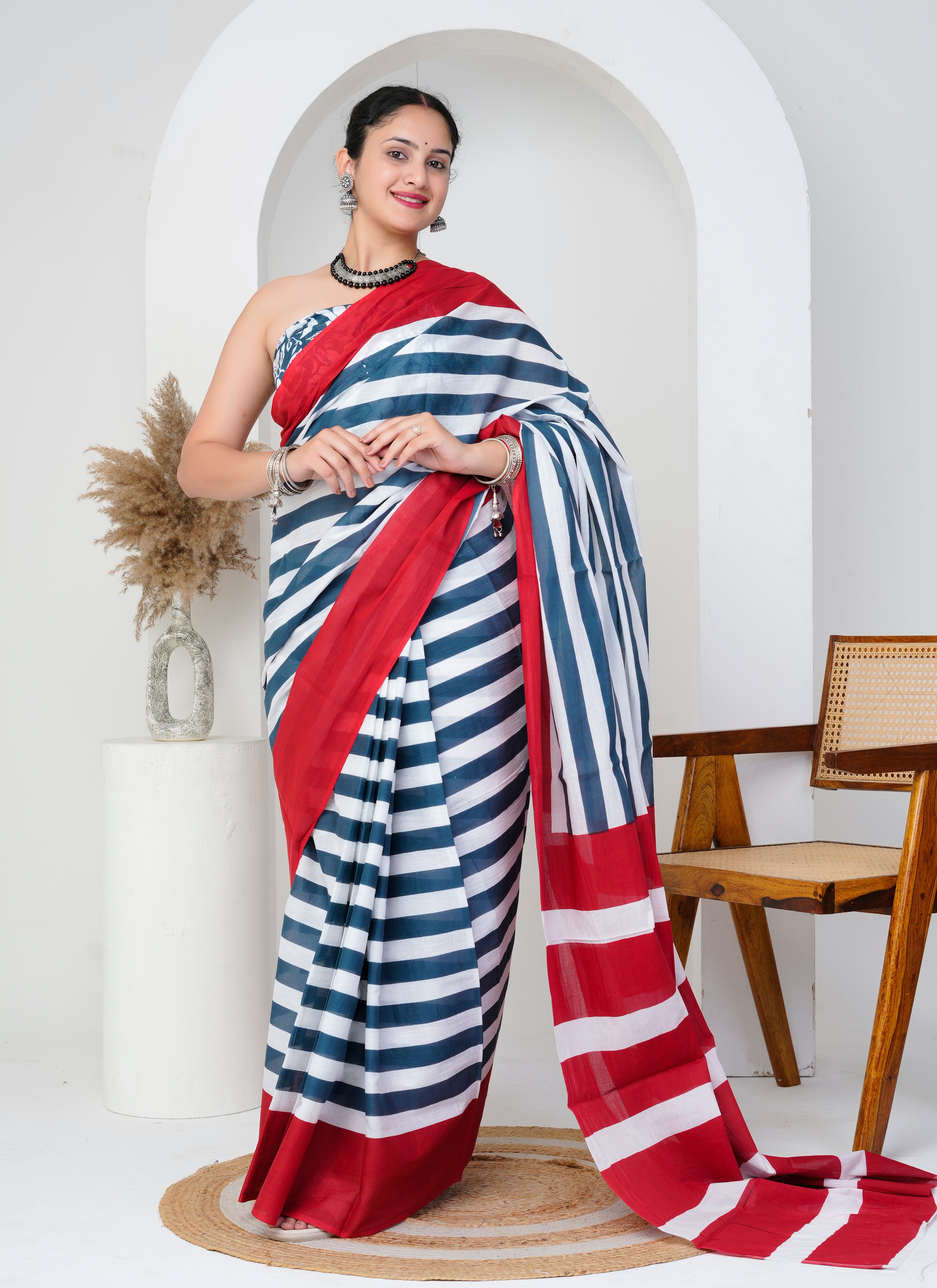 Cotton Saree in Red, Blue and White