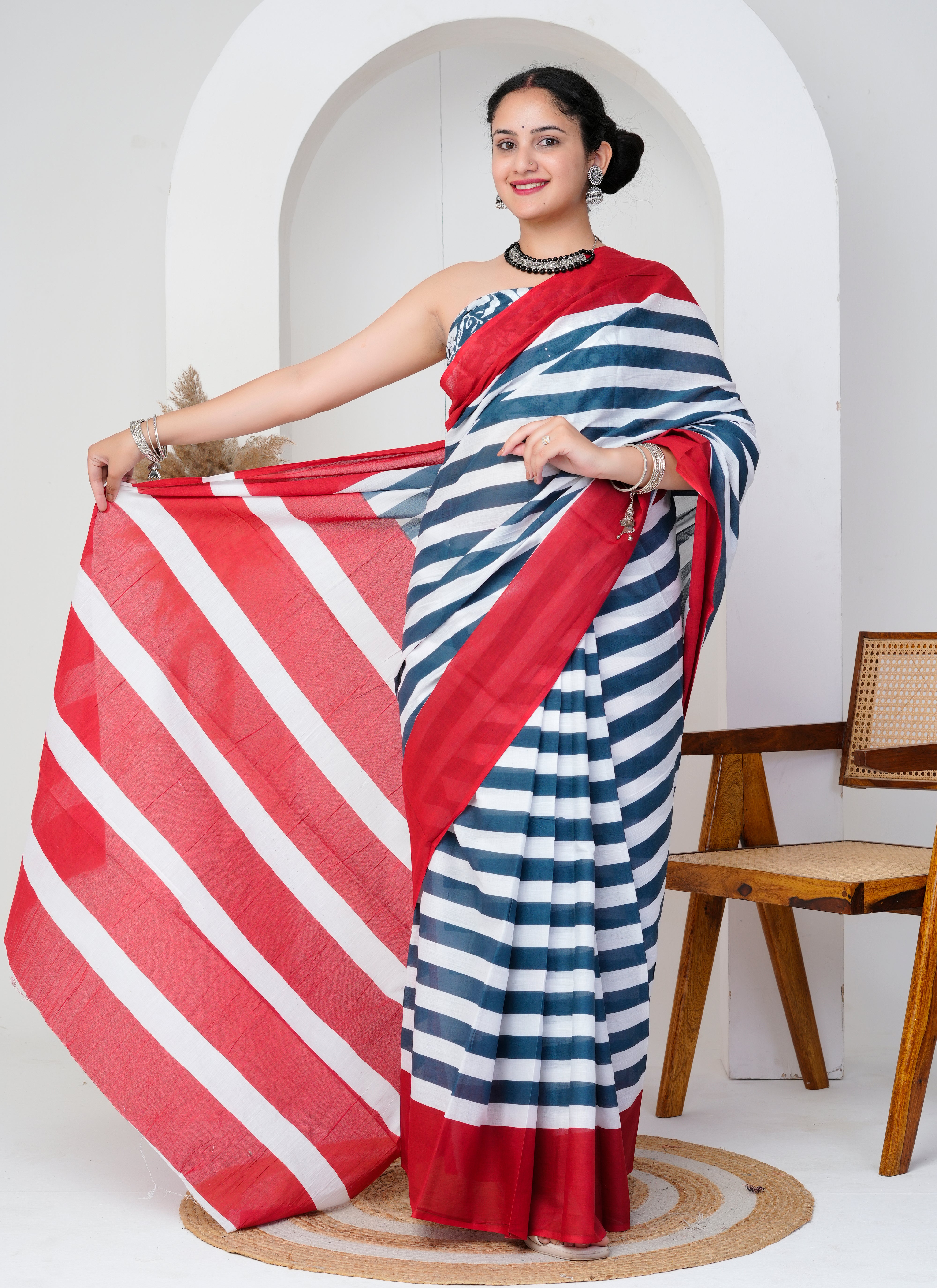 Cotton Saree in Red, Blue and White