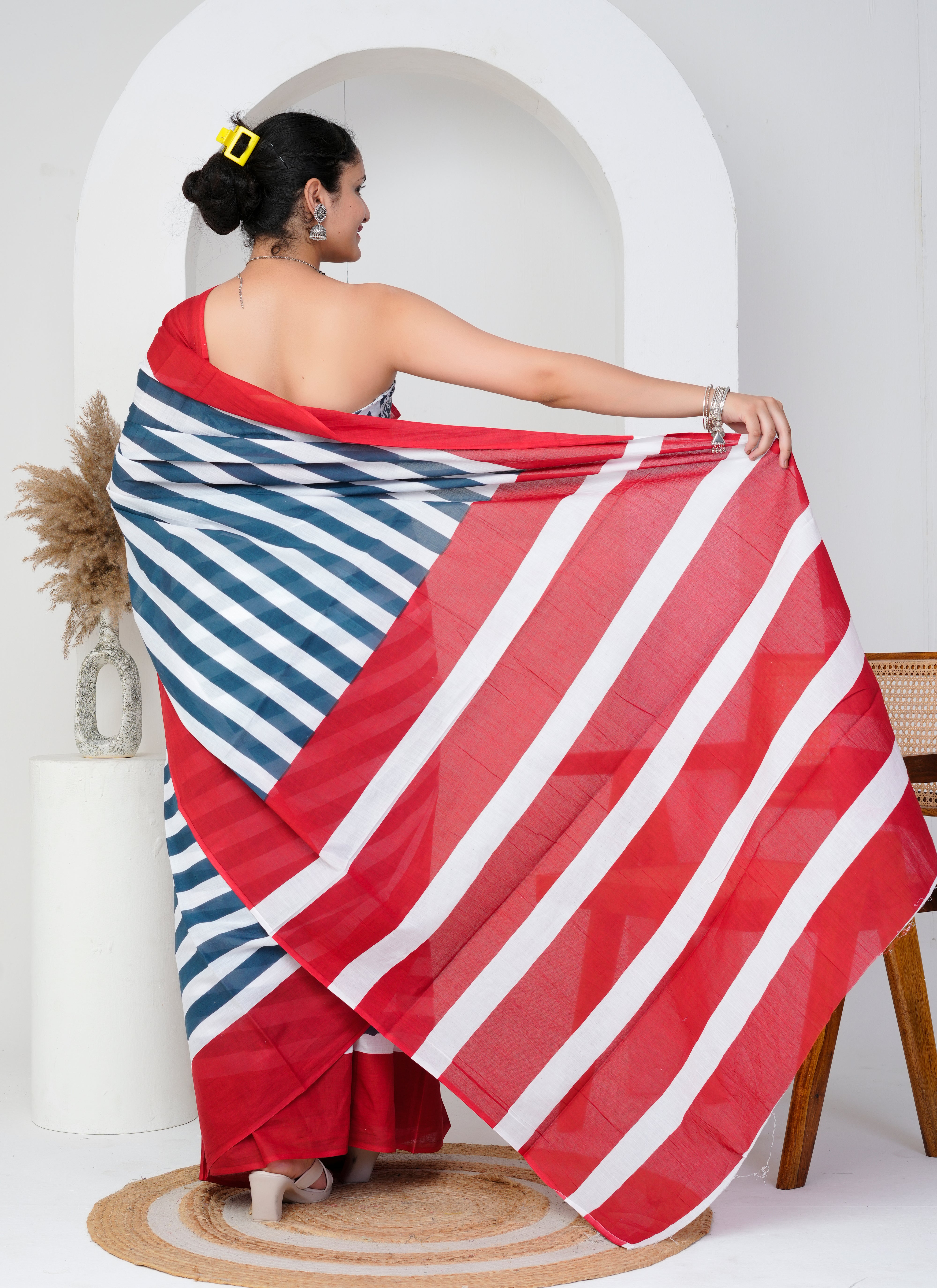 Cotton Saree in Red, Blue and White