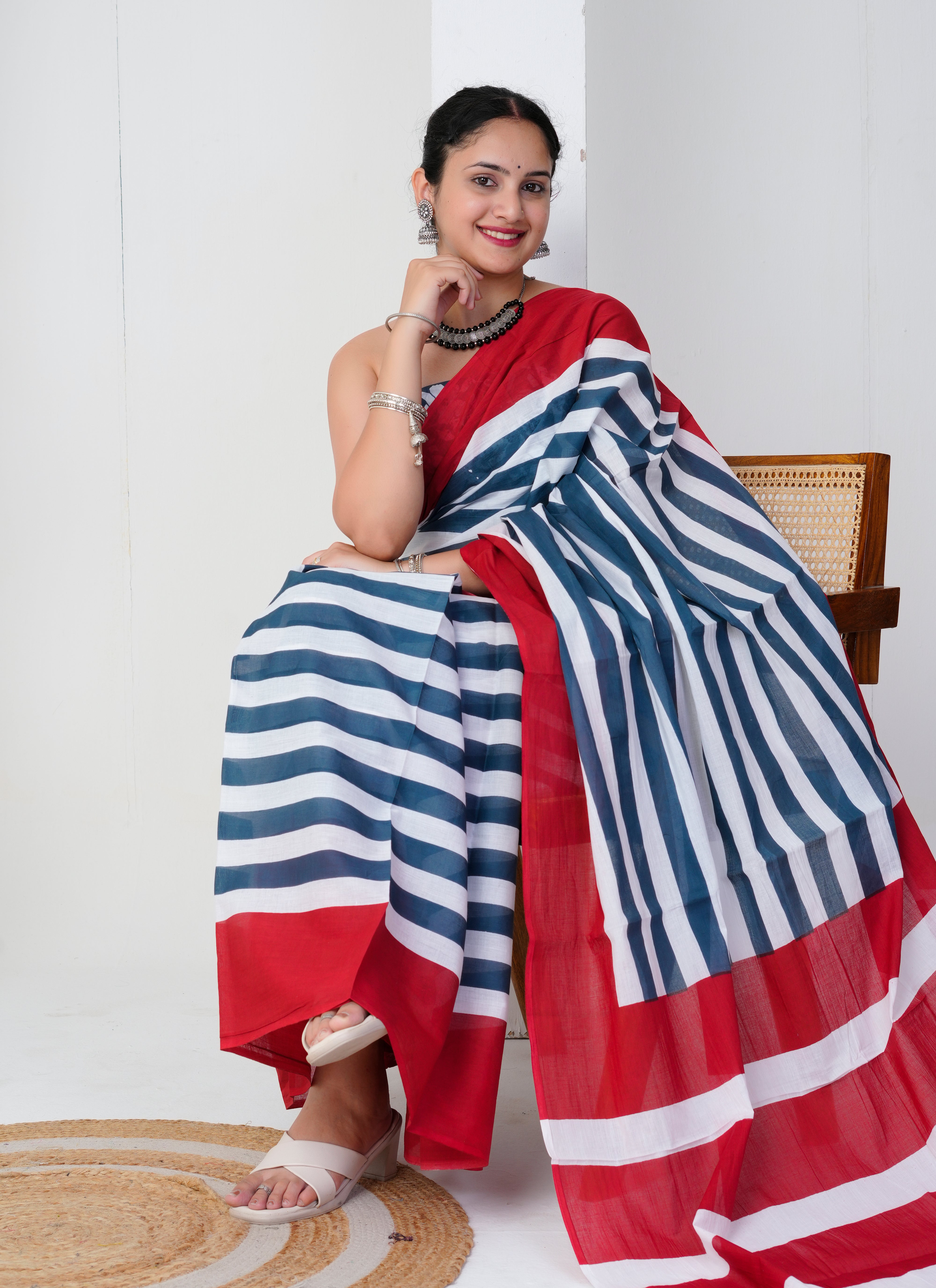 Cotton Saree in Red, Blue and White