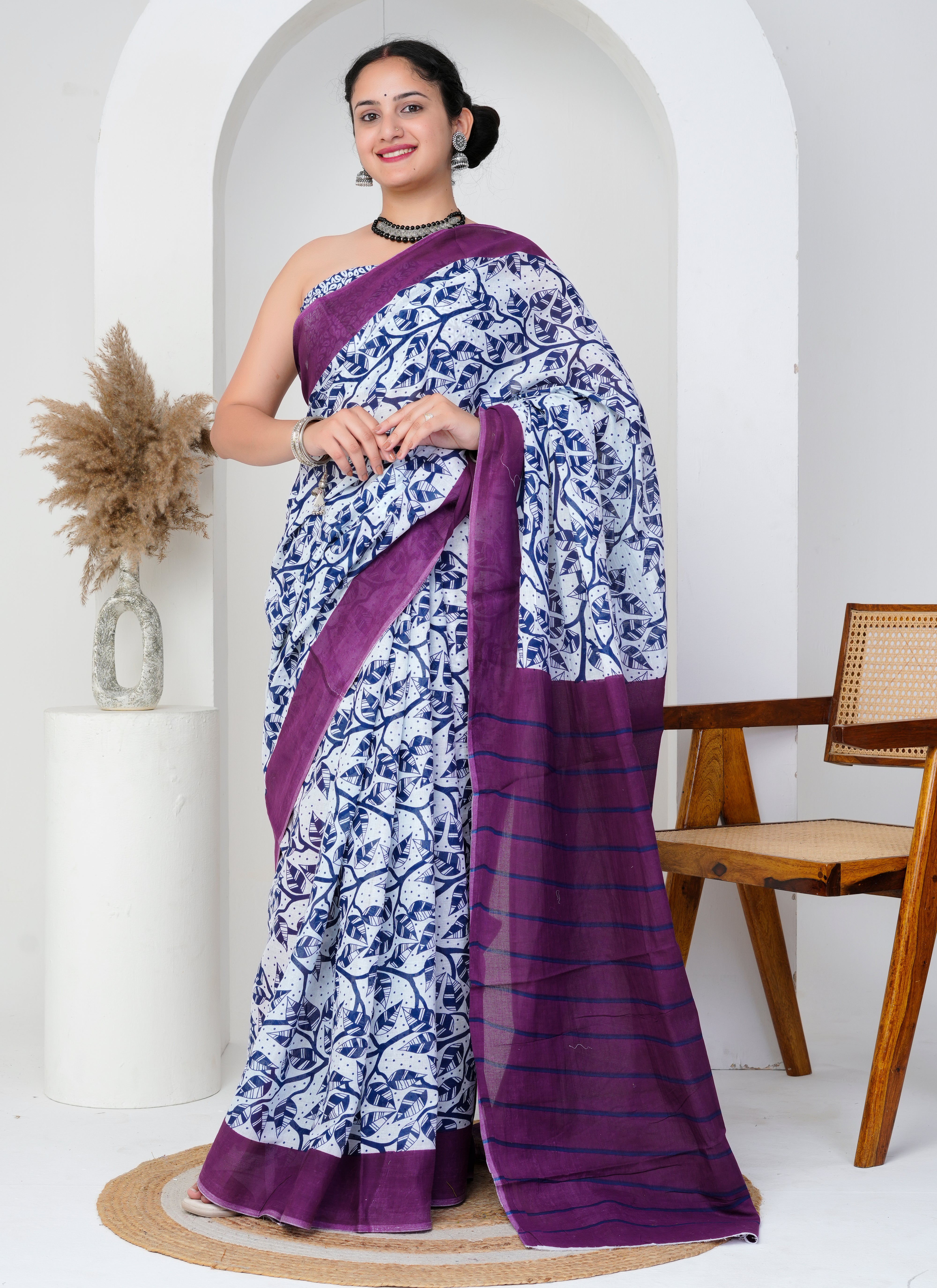 White and Blue Printed Cotton Saree