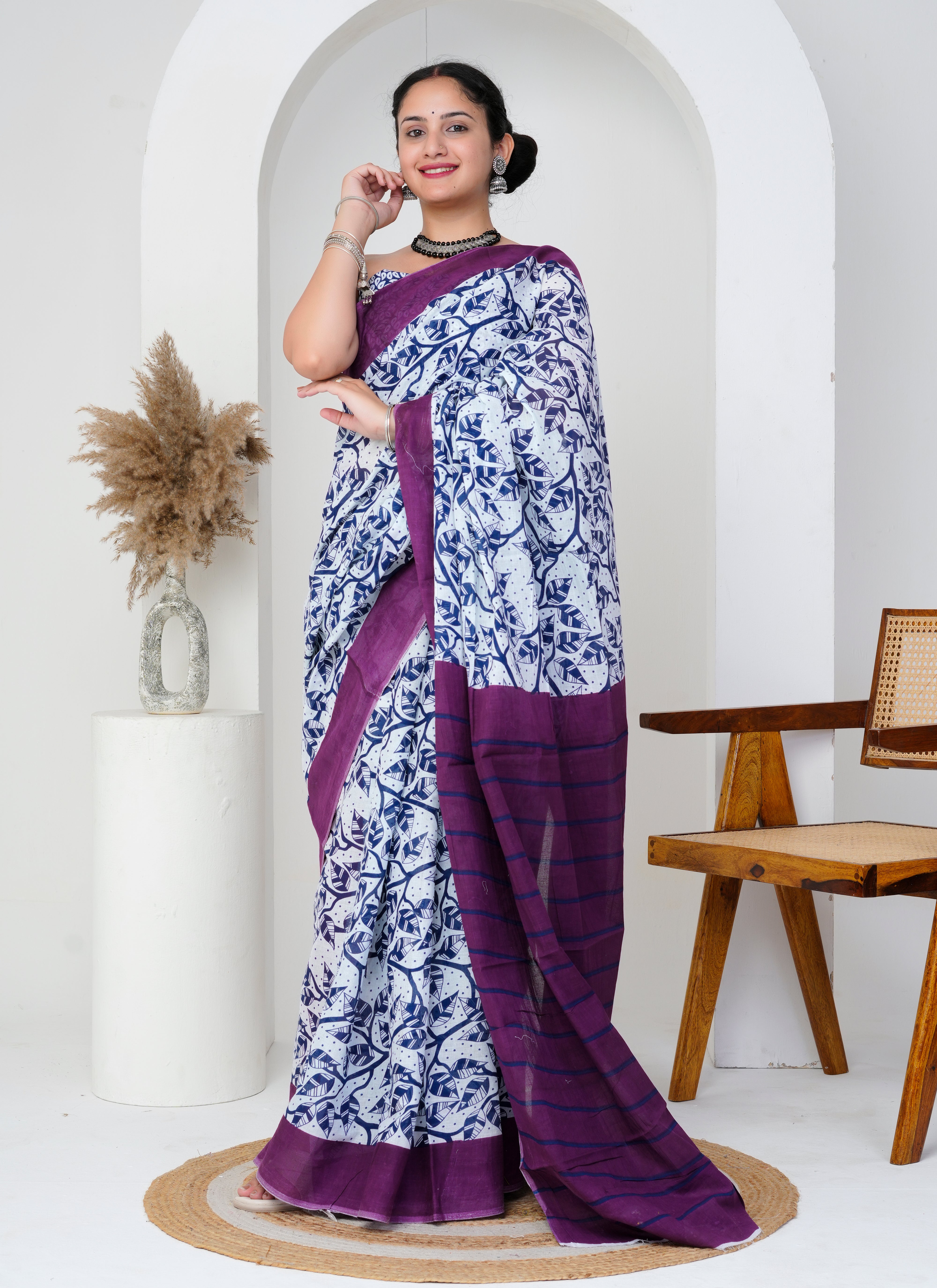 White and Blue Printed Cotton Saree