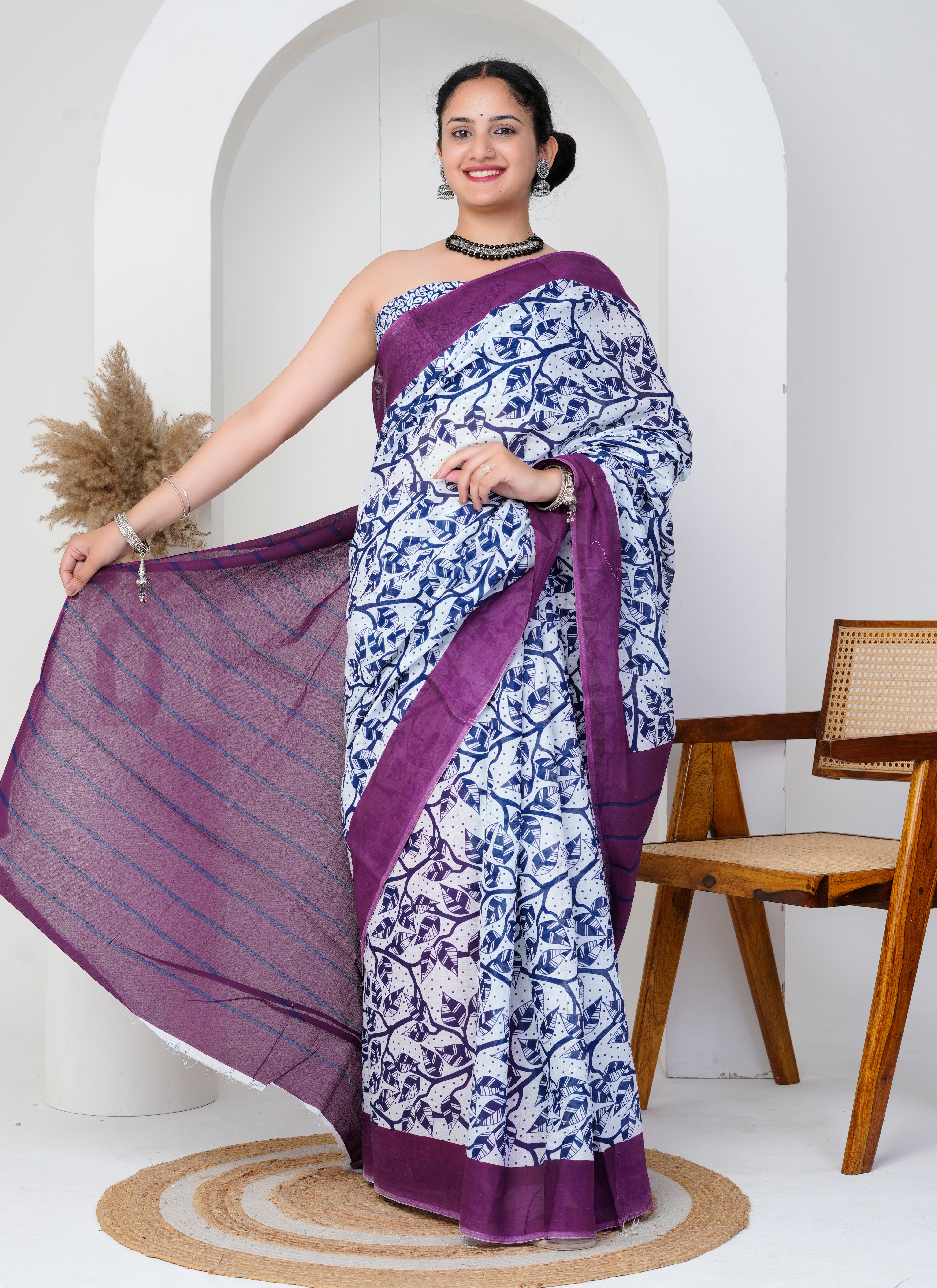 White and Blue Printed Cotton Saree
