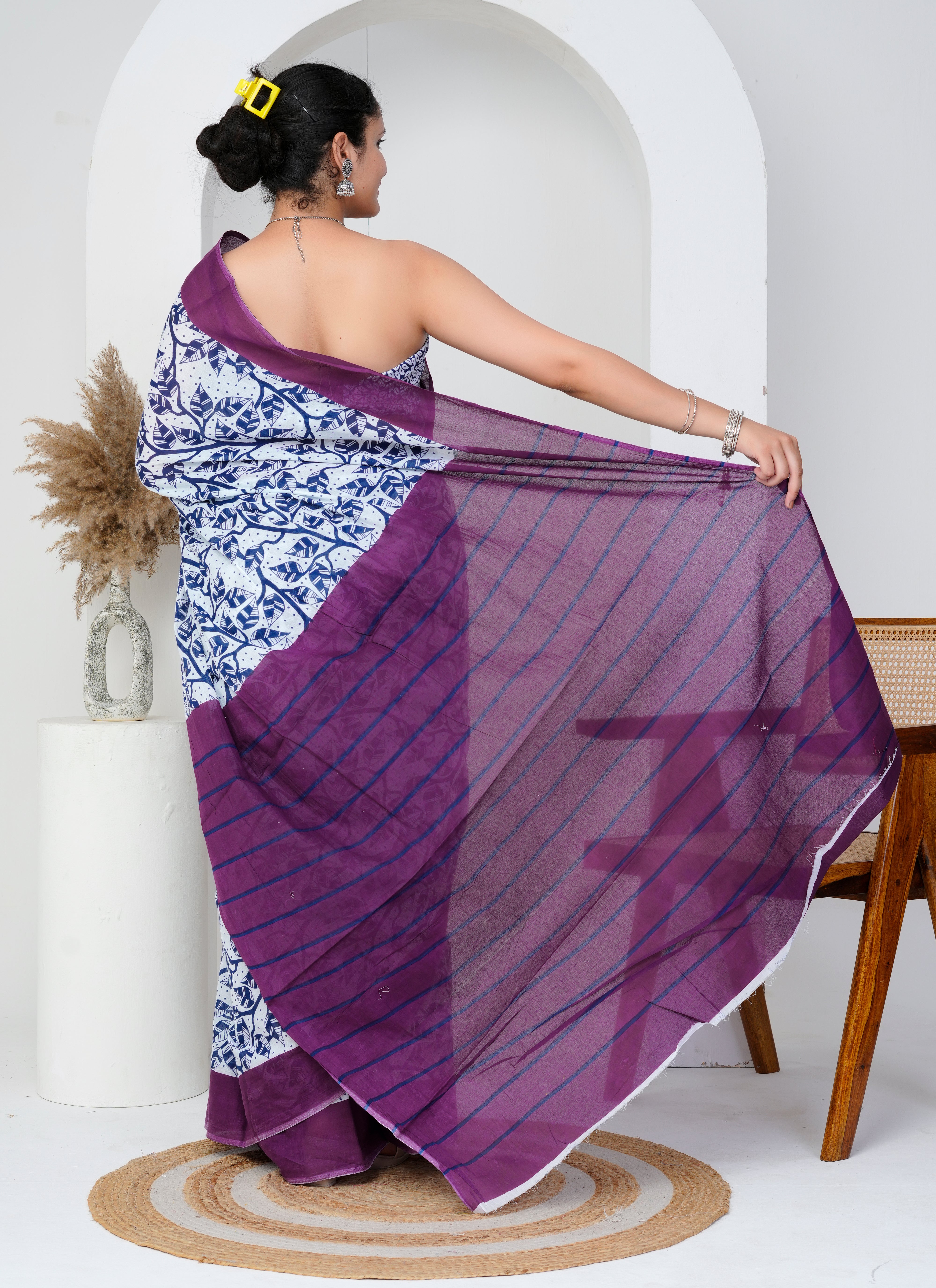 White and Blue Printed Cotton Saree