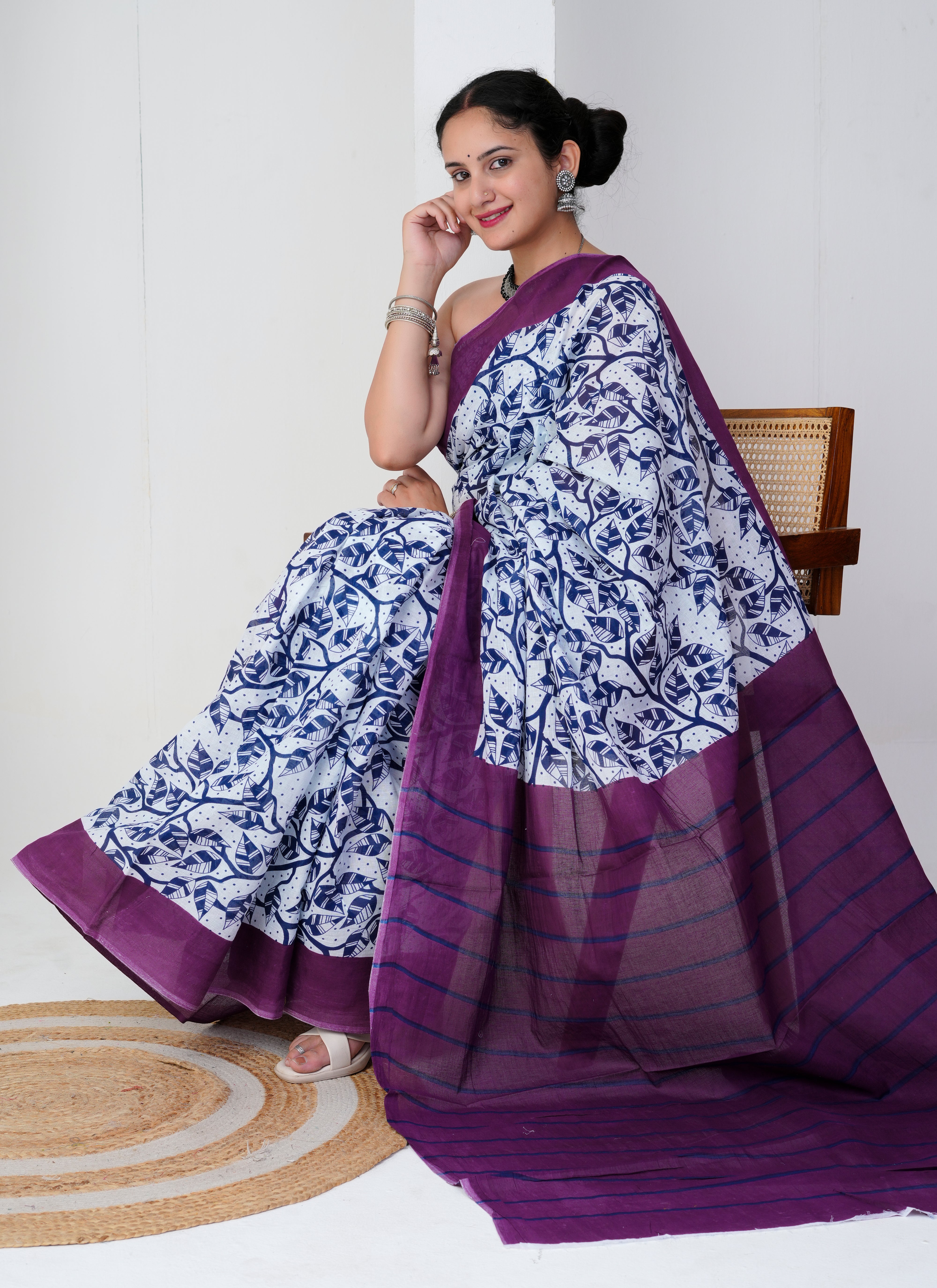 White and Blue Printed Cotton Saree