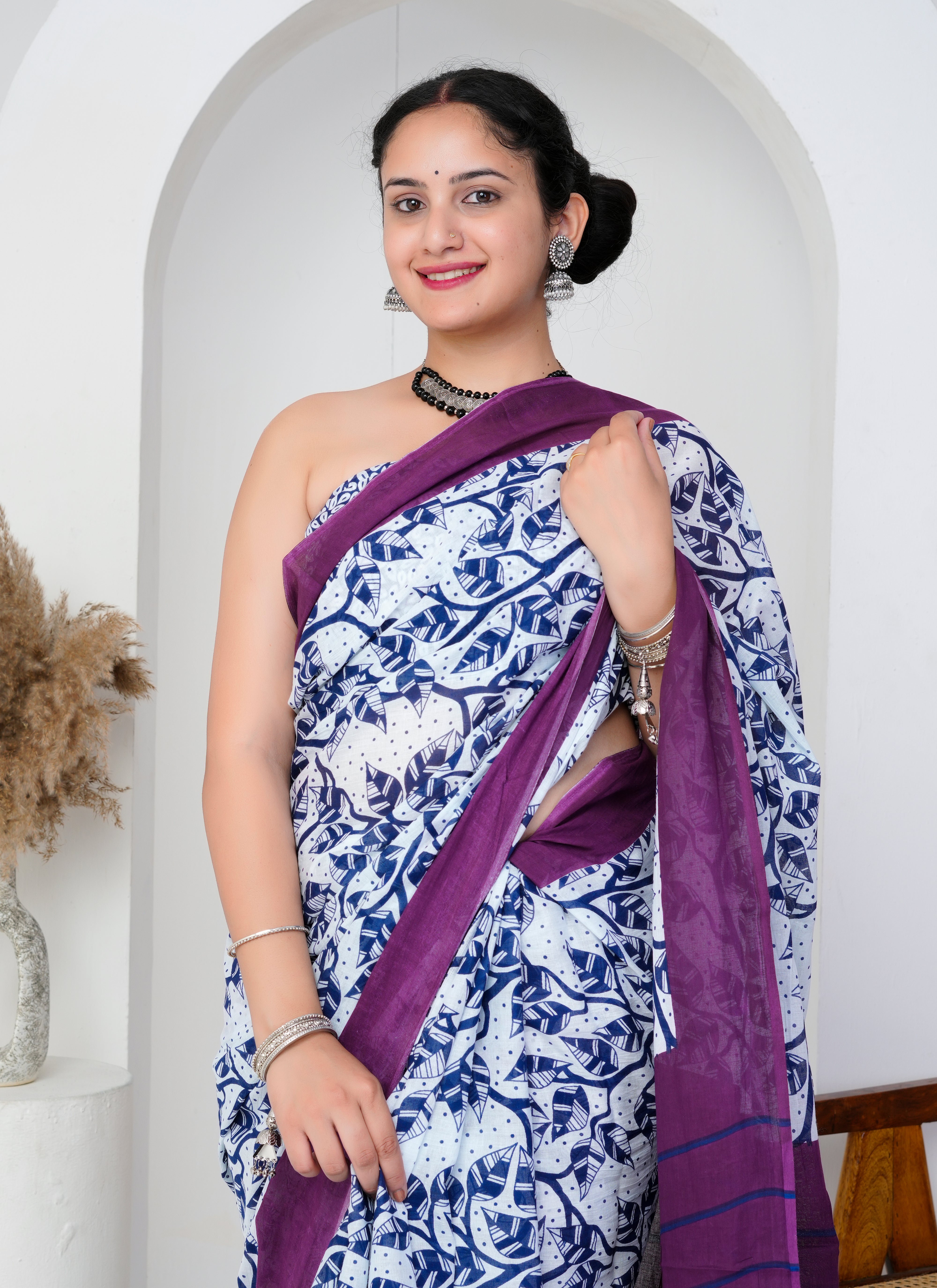 White and Blue Printed Cotton Saree