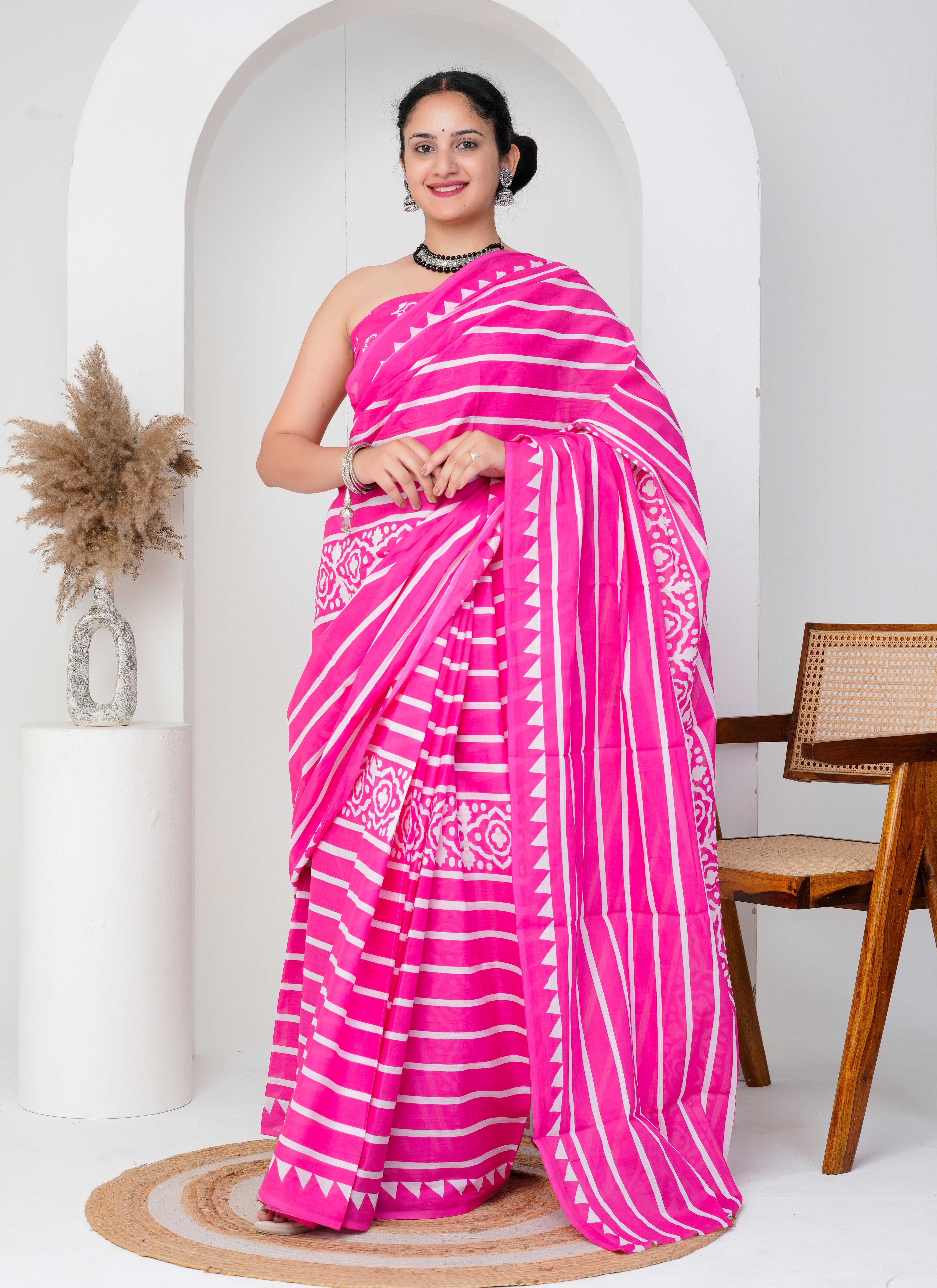 Bright Pink and White Striped Cotton Saree