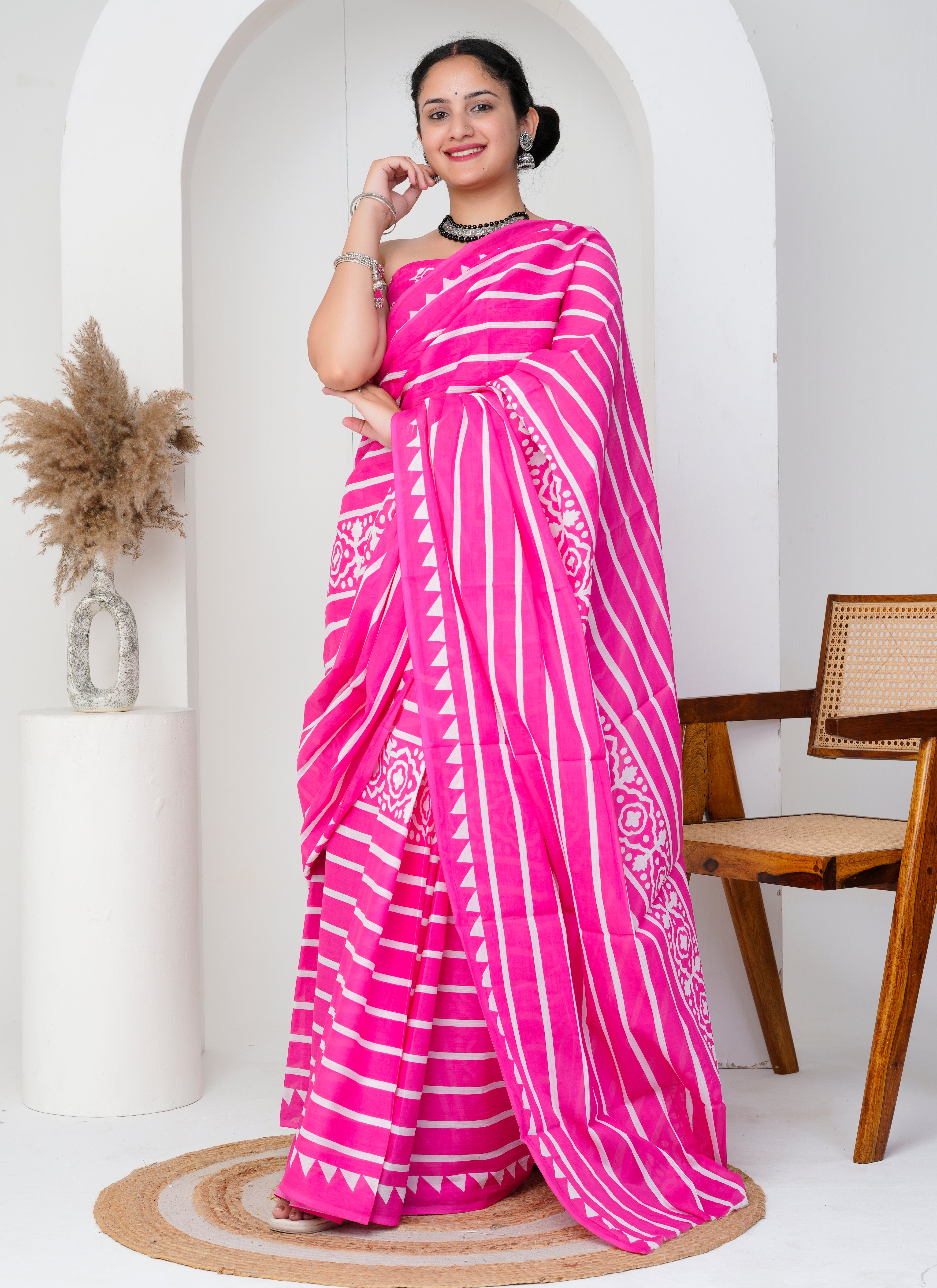 Bright Pink and White Striped Cotton Saree