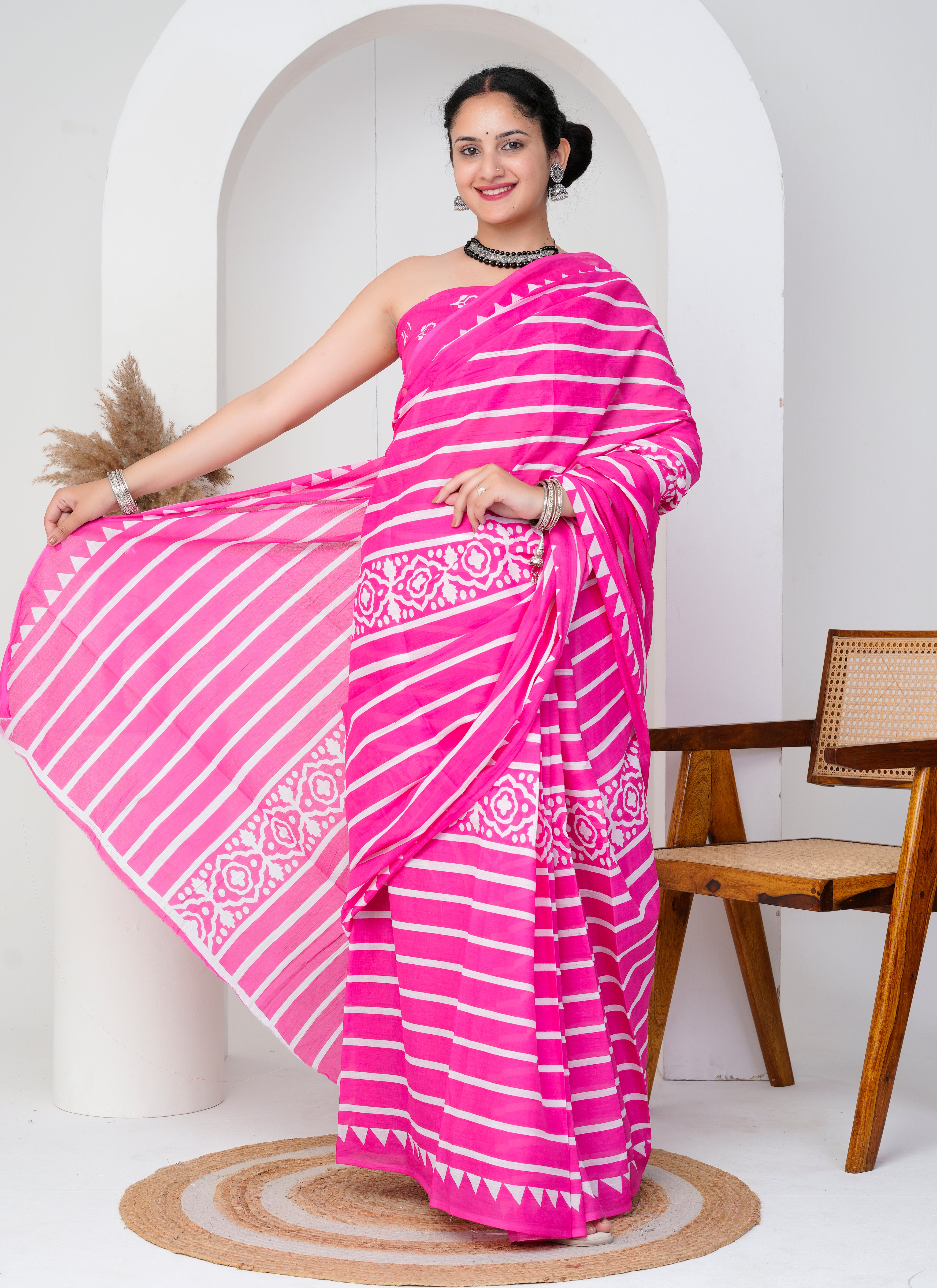 Bright Pink and White Striped Cotton Saree
