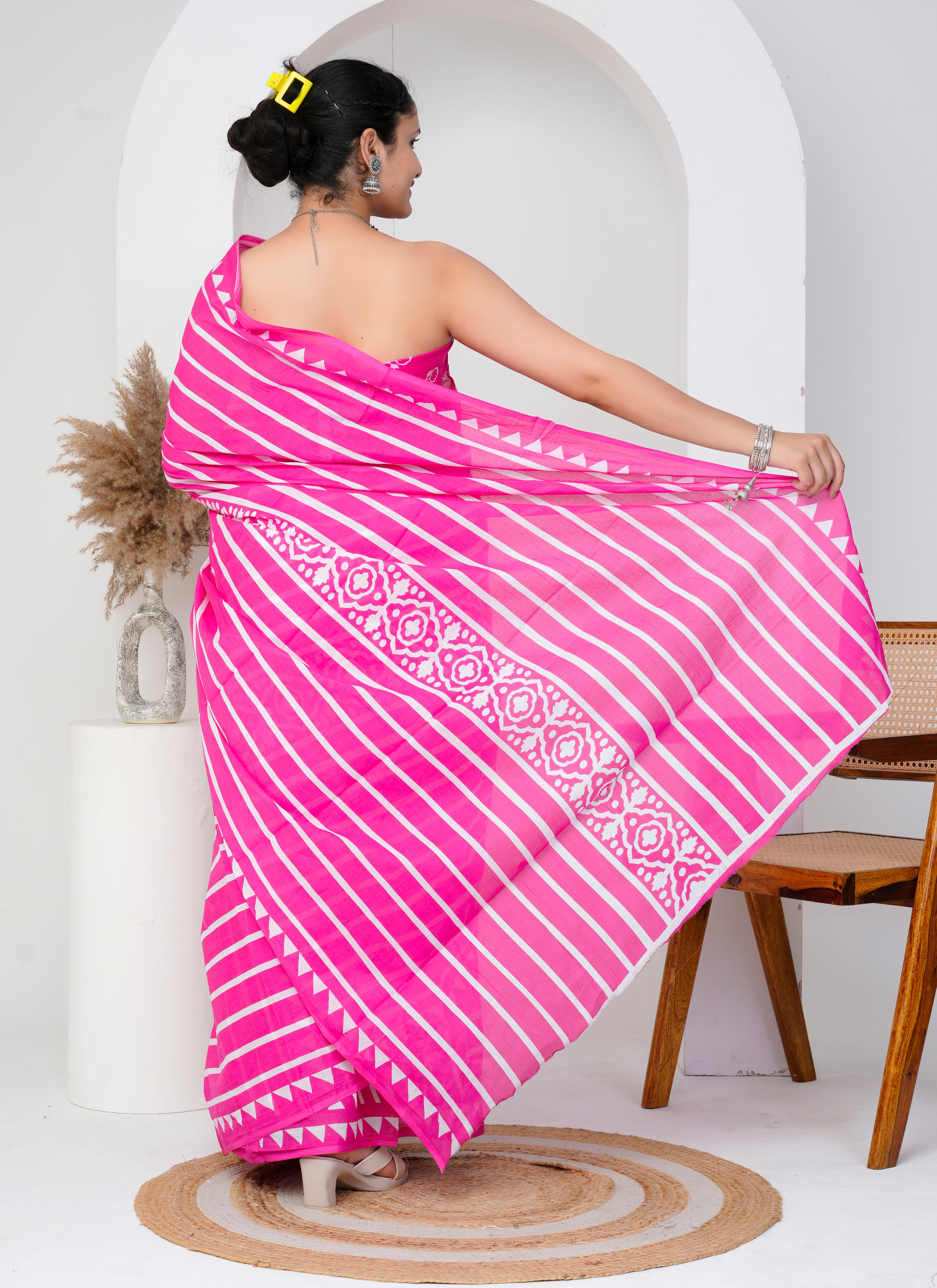 Bright Pink and White Striped Cotton Saree