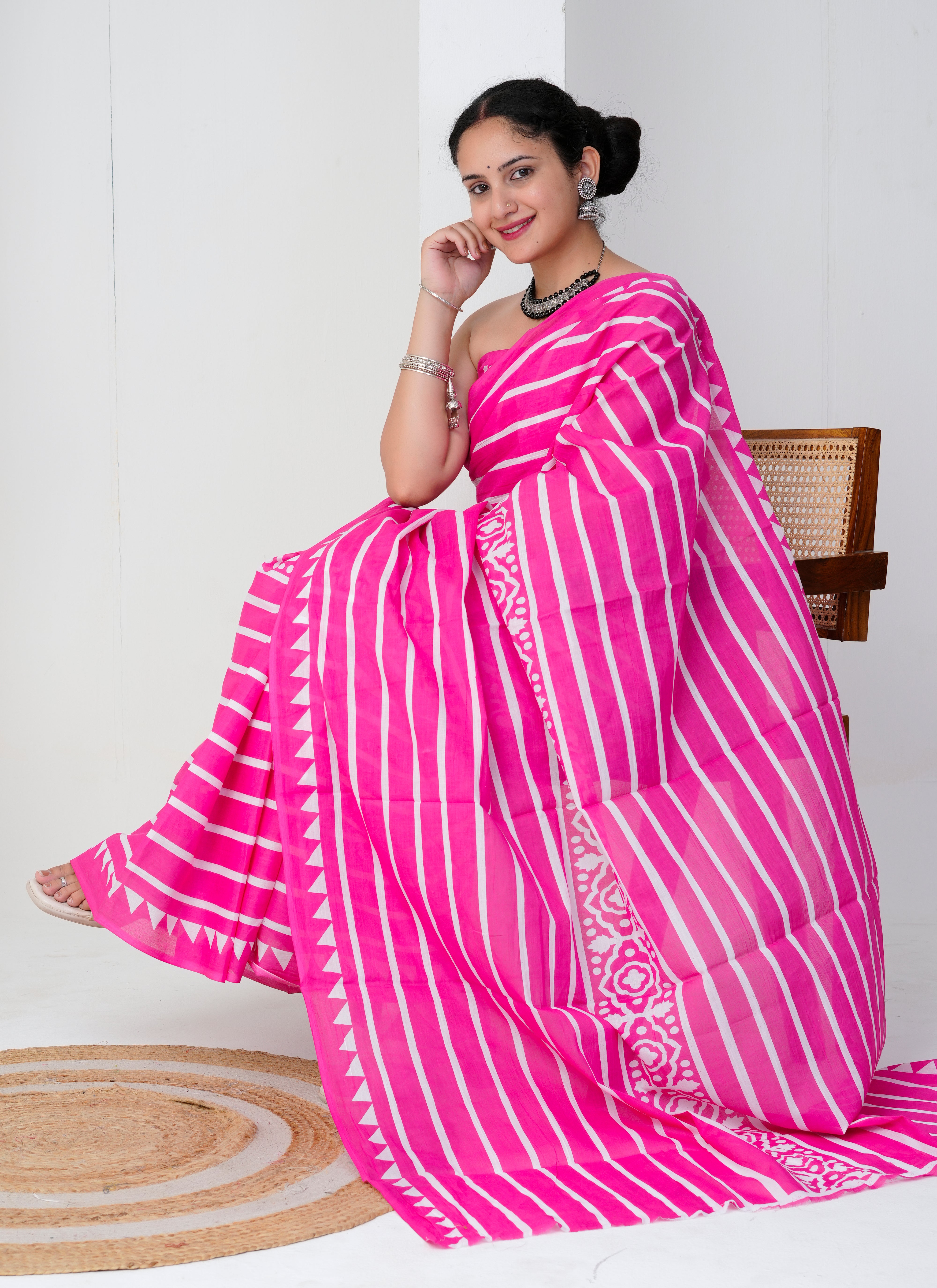 Bright Pink and White Striped Cotton Saree