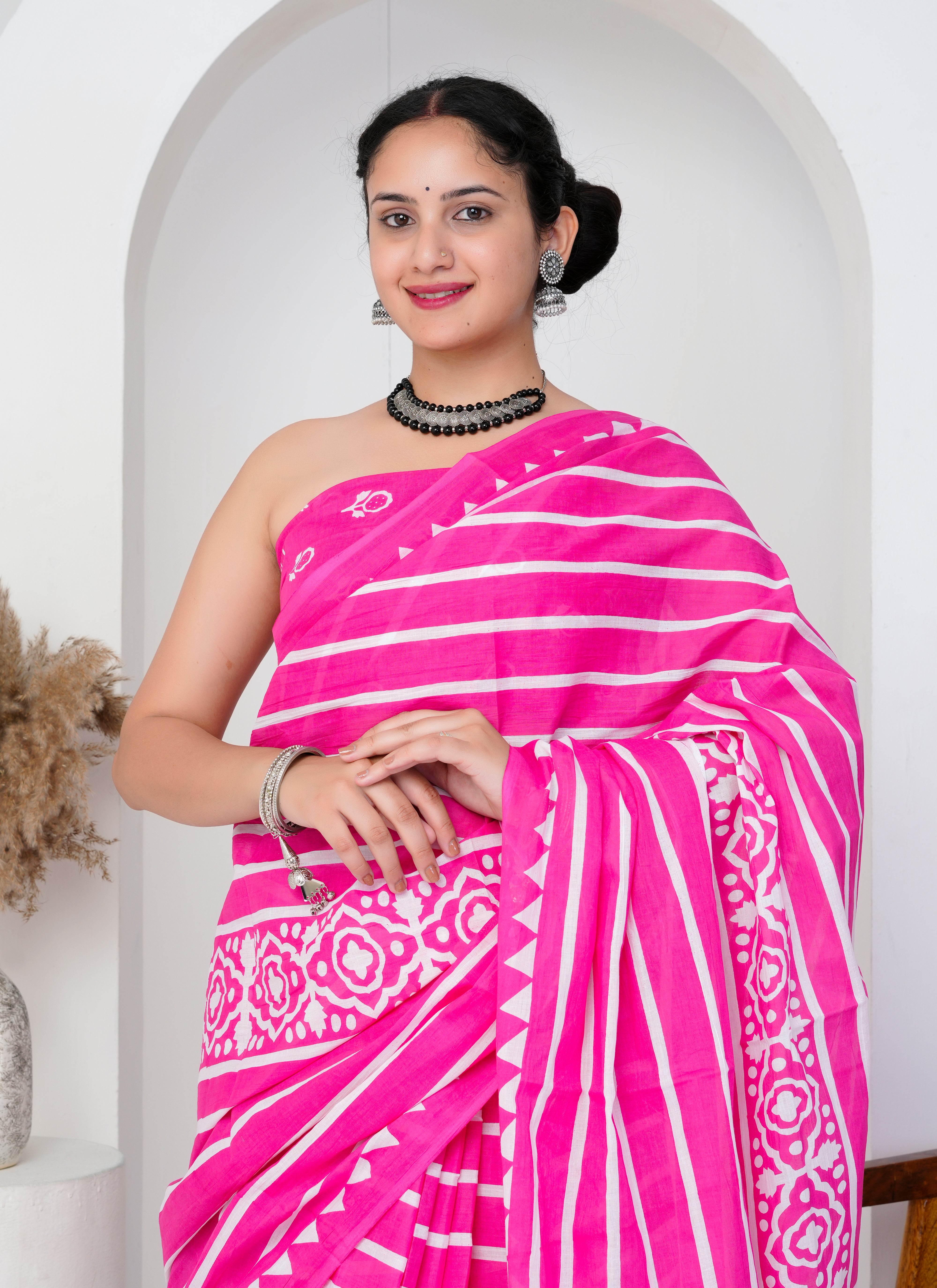 Bright Pink and White Striped Cotton Saree