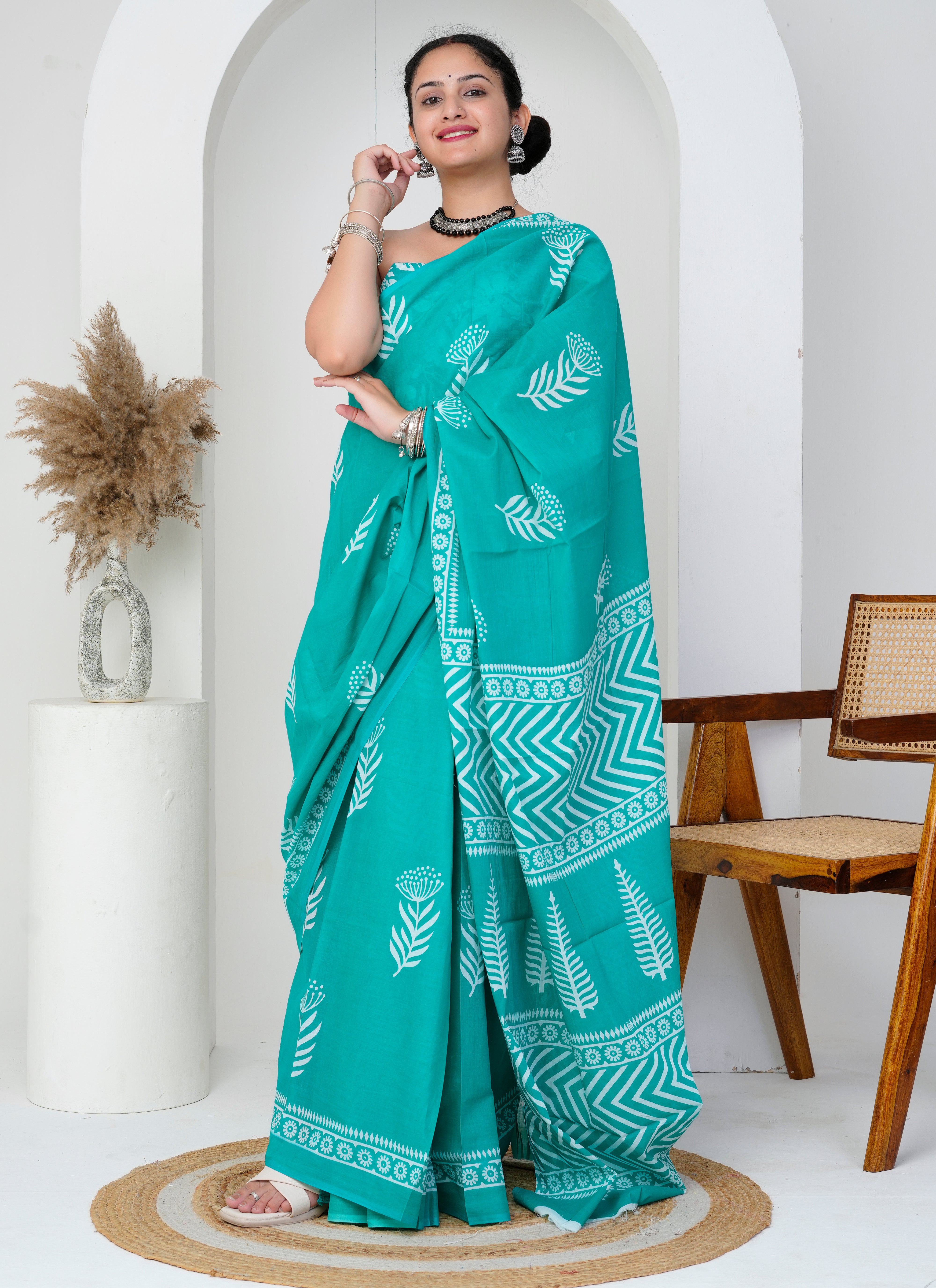 Turquoise Green Cotton Saree