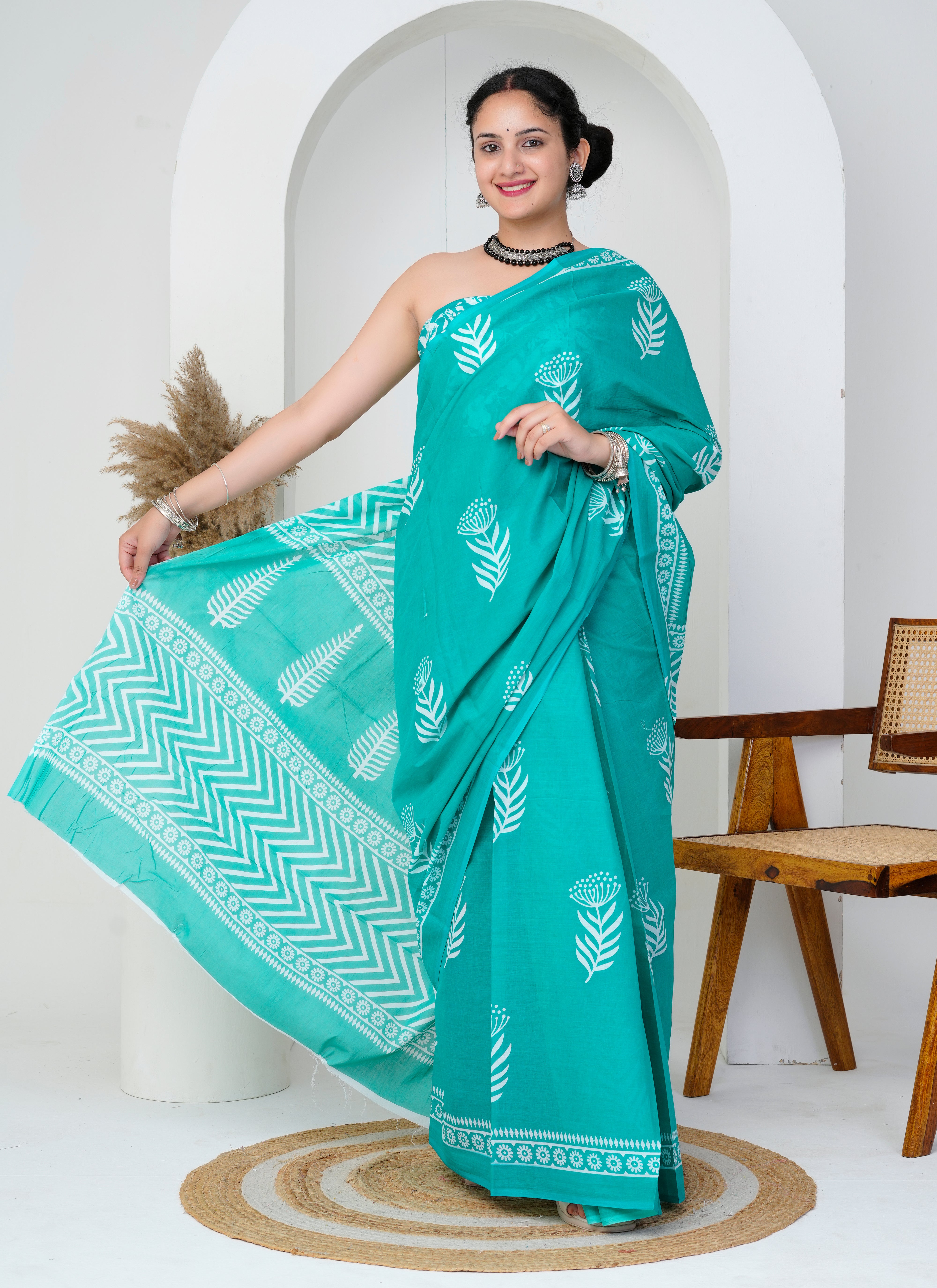Turquoise Green Cotton Saree