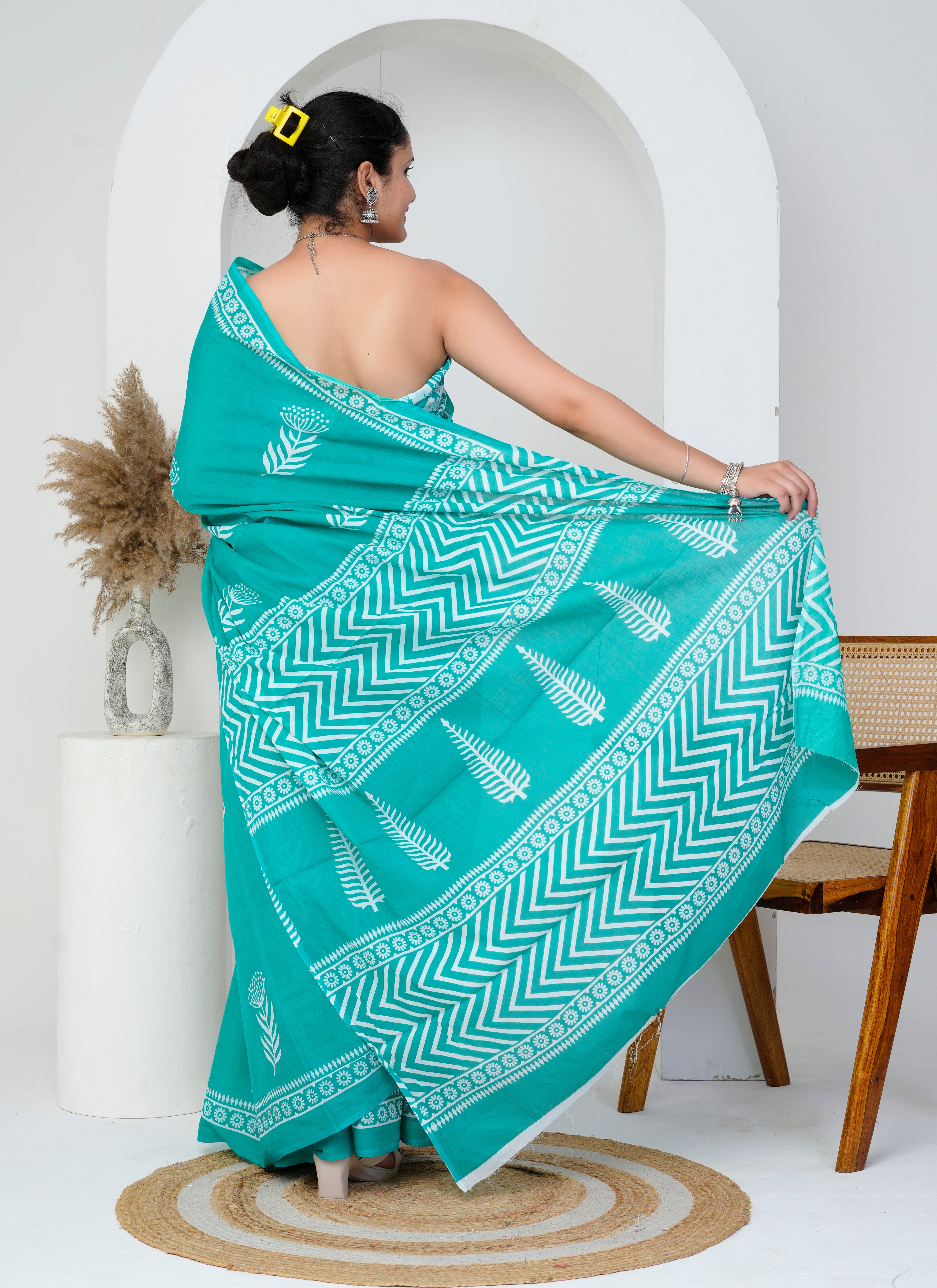 Turquoise Green Cotton Saree