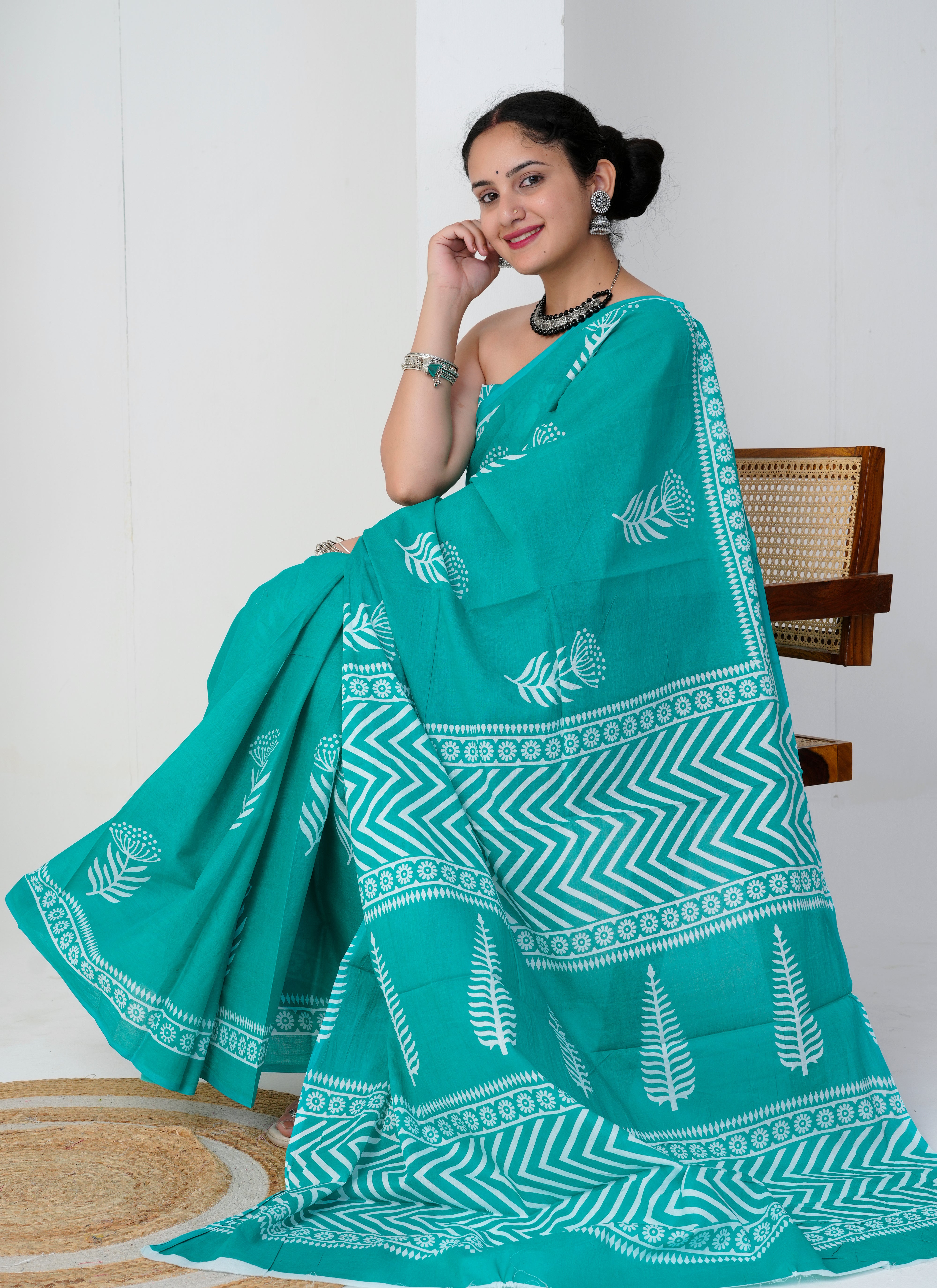 Turquoise Green Cotton Saree