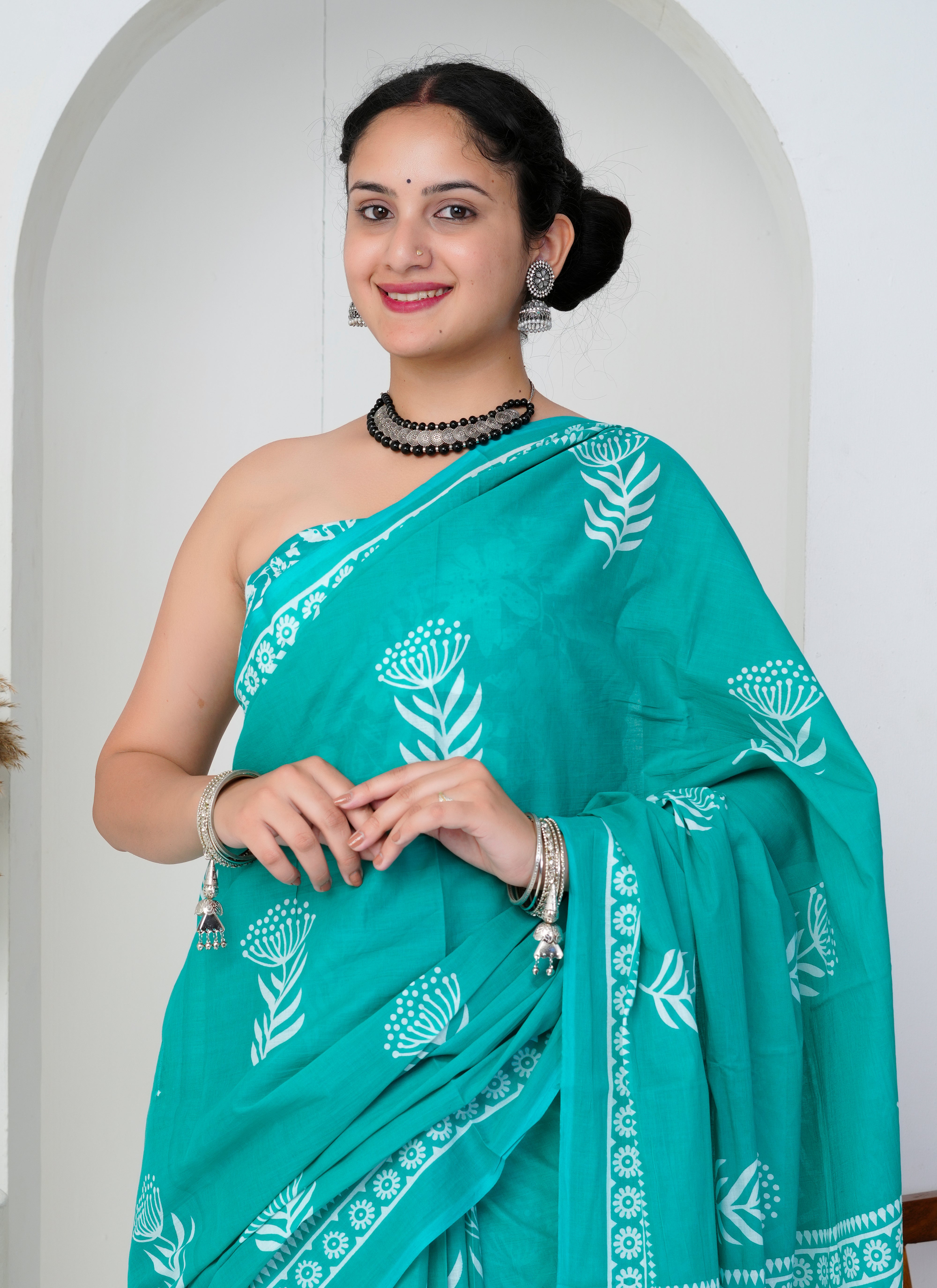 Turquoise Green Cotton Saree