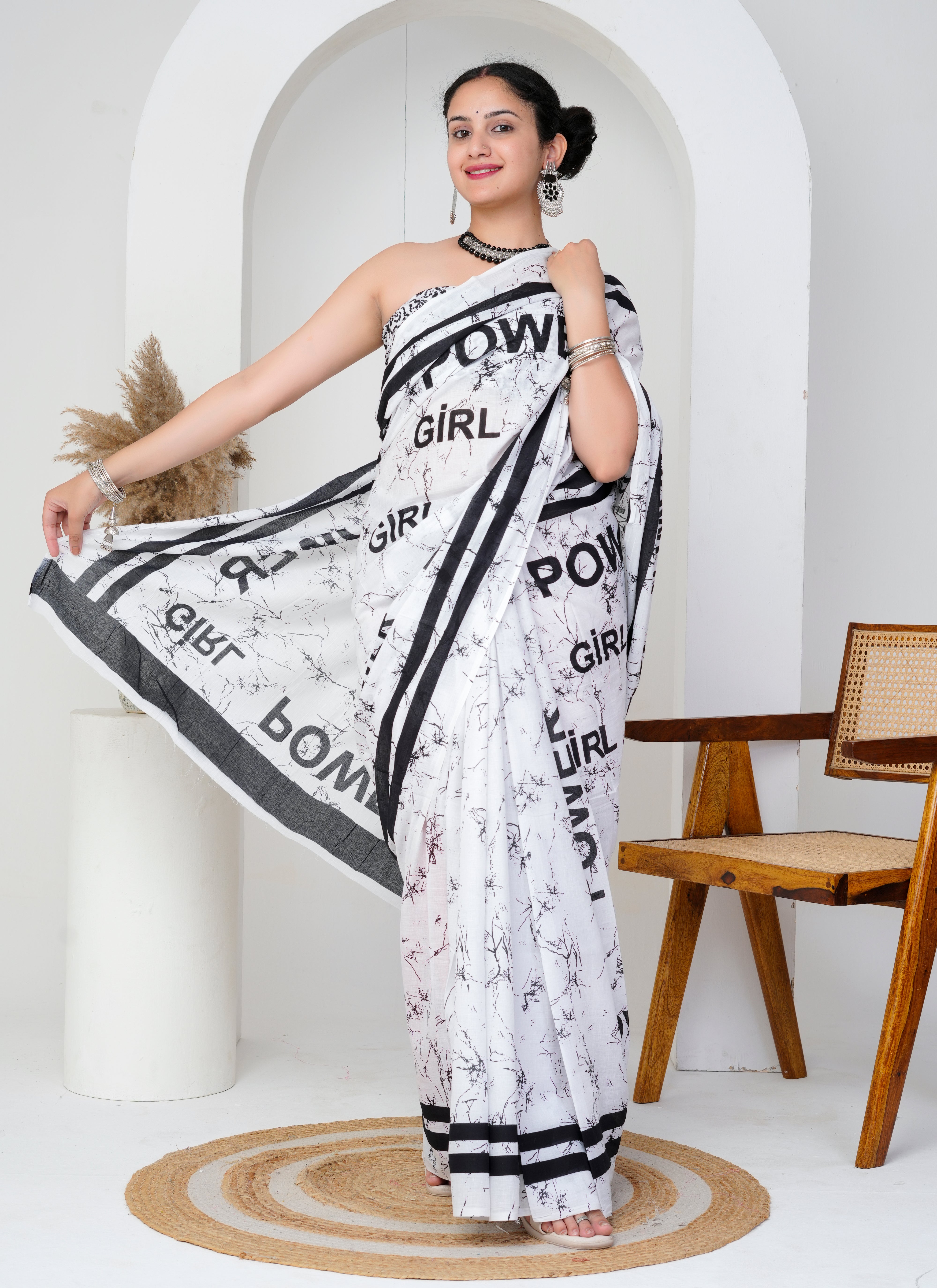 White and Black Girl Power Cotton Saree