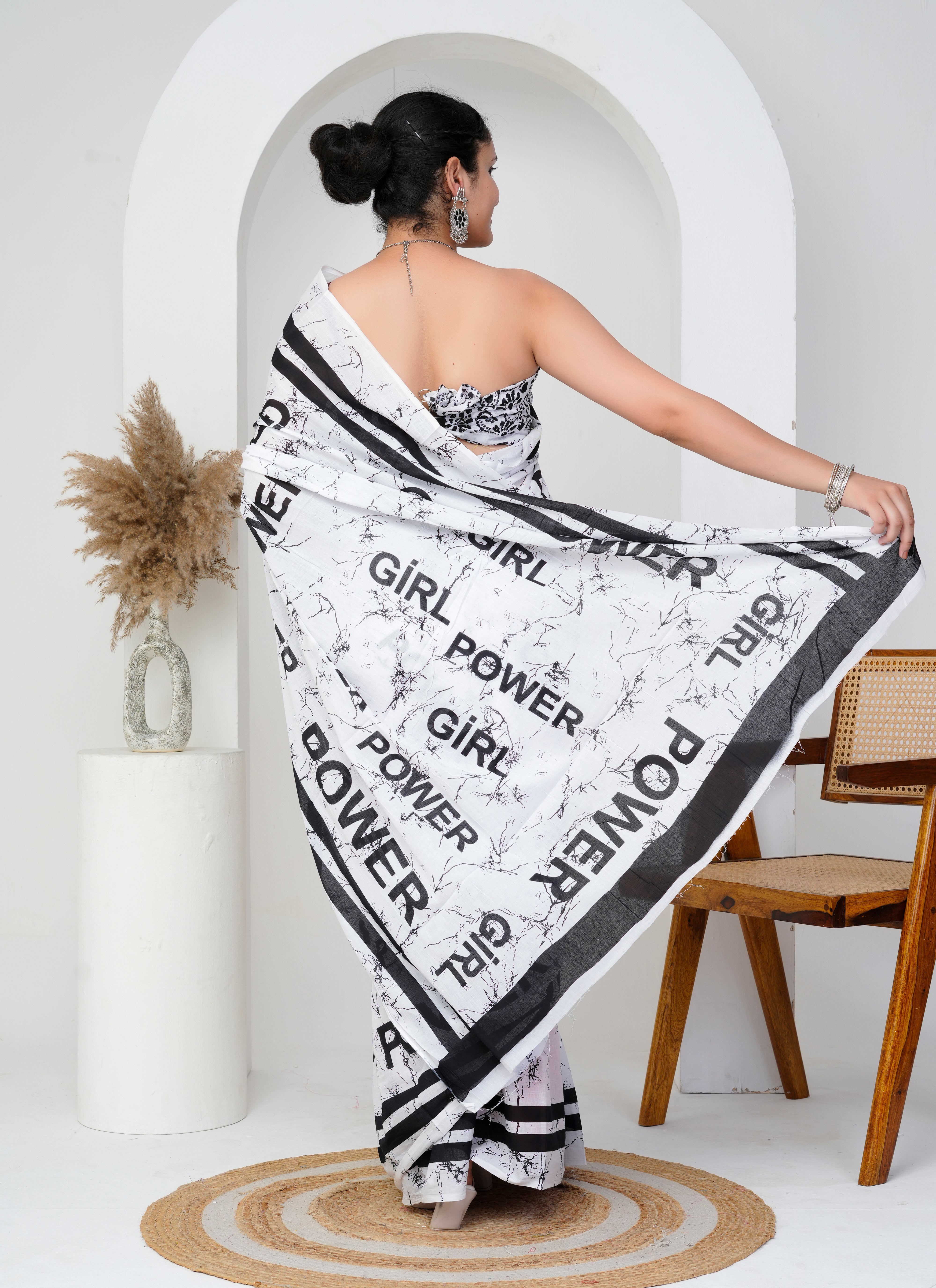 White and Black Girl Power Cotton Saree