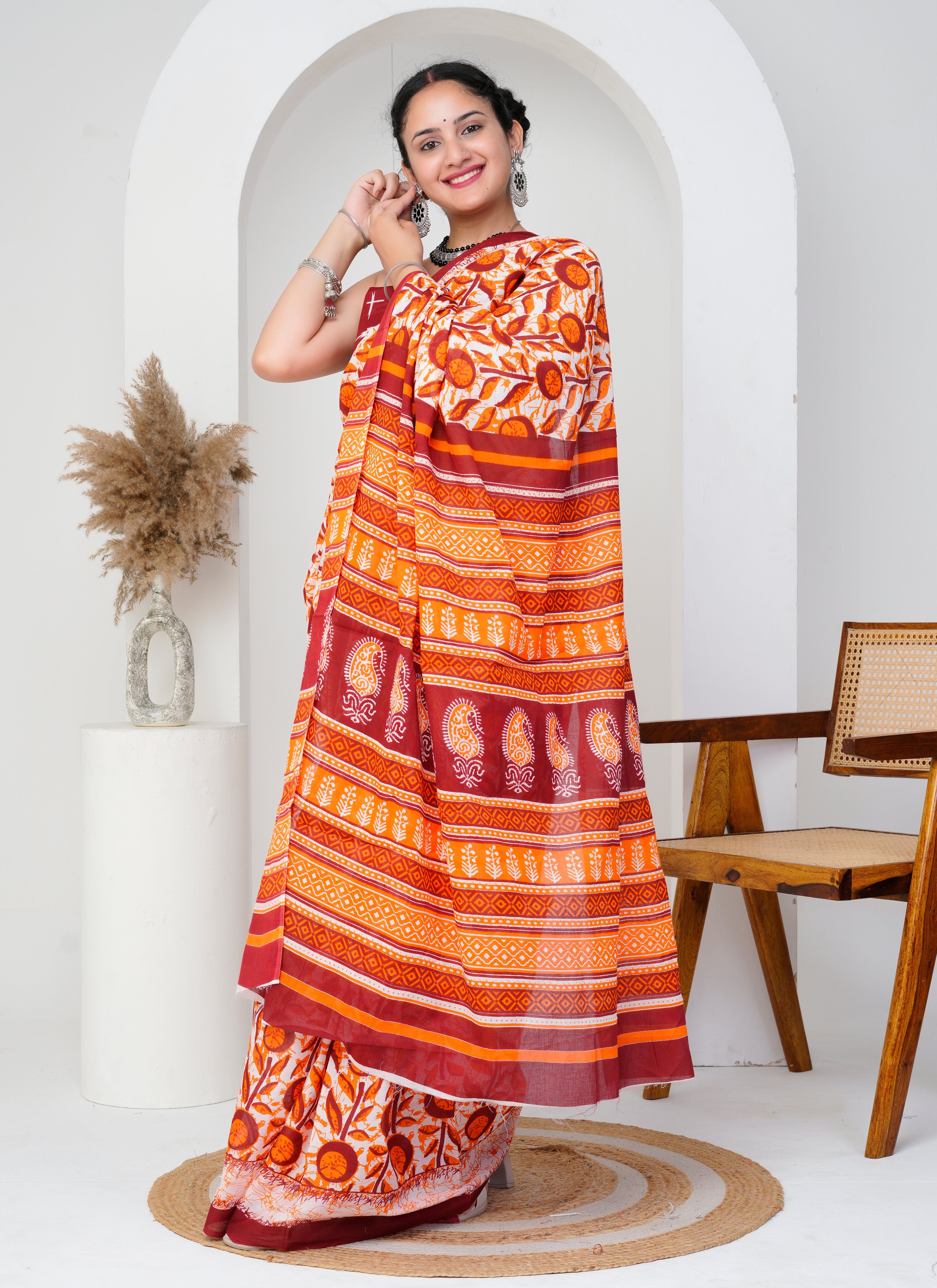 Orange and Maroon Floral Printed Cotton Saree