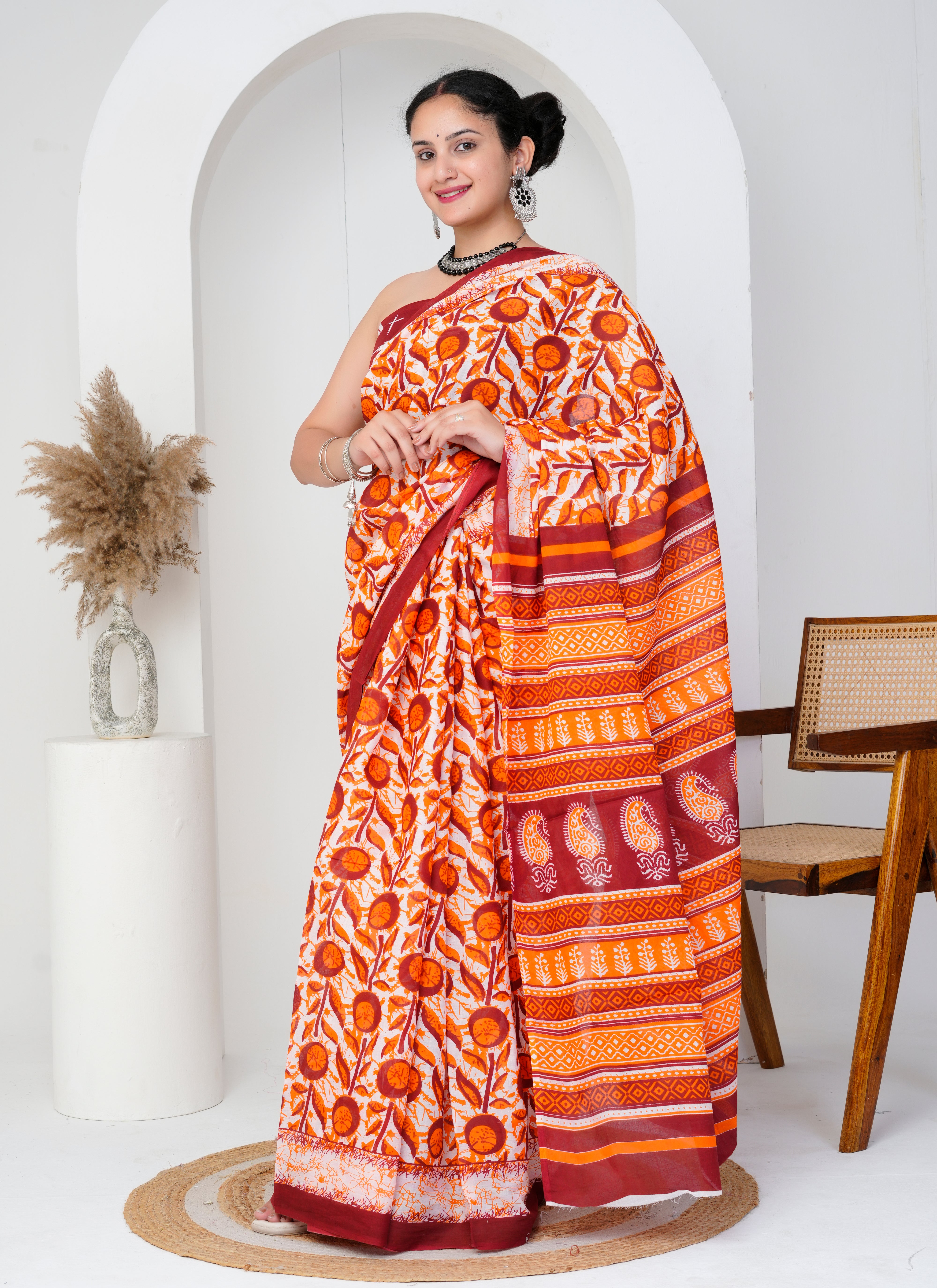 Orange and Maroon Floral Printed Cotton Saree