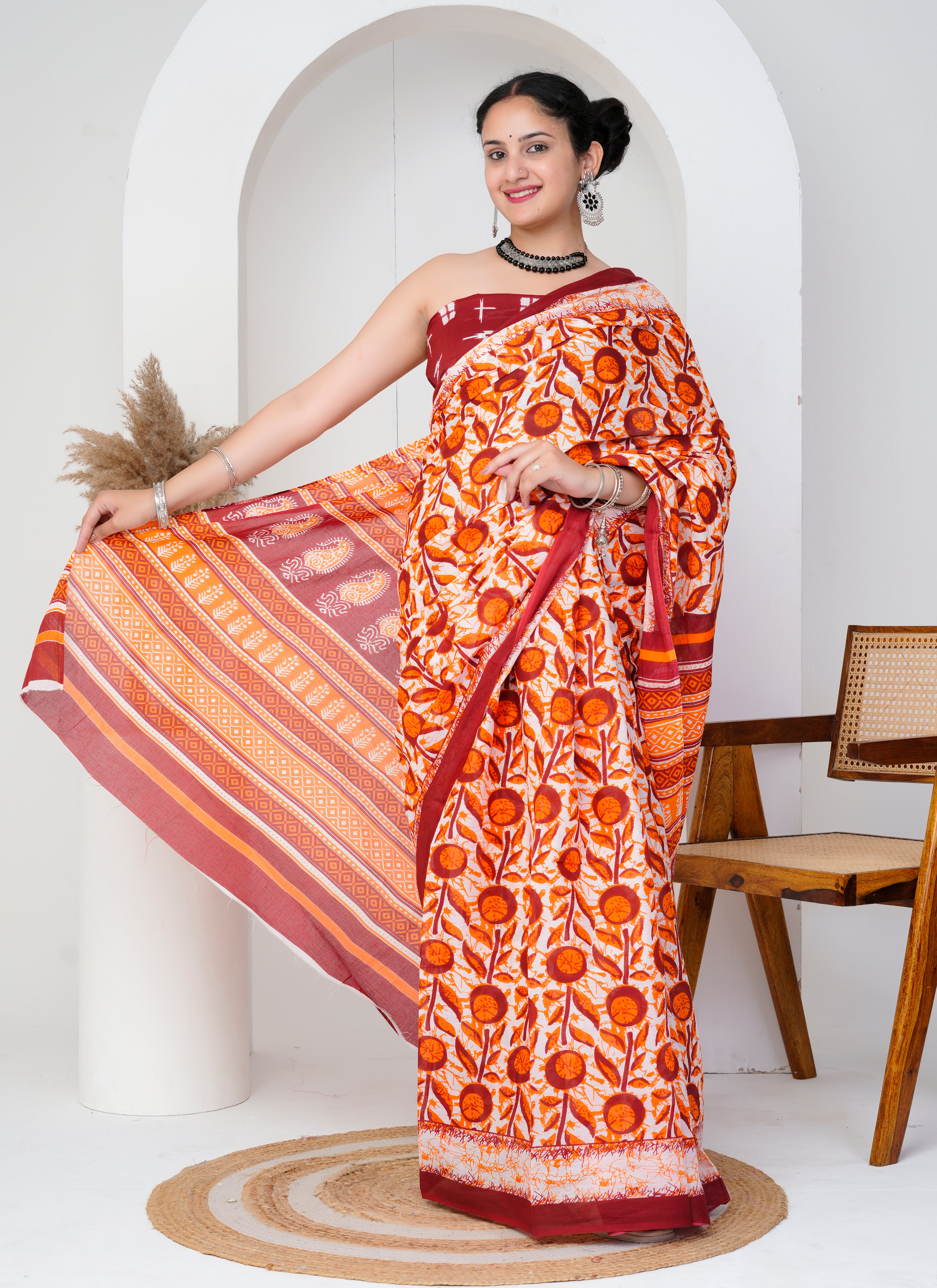Orange and Maroon Floral Printed Cotton Saree