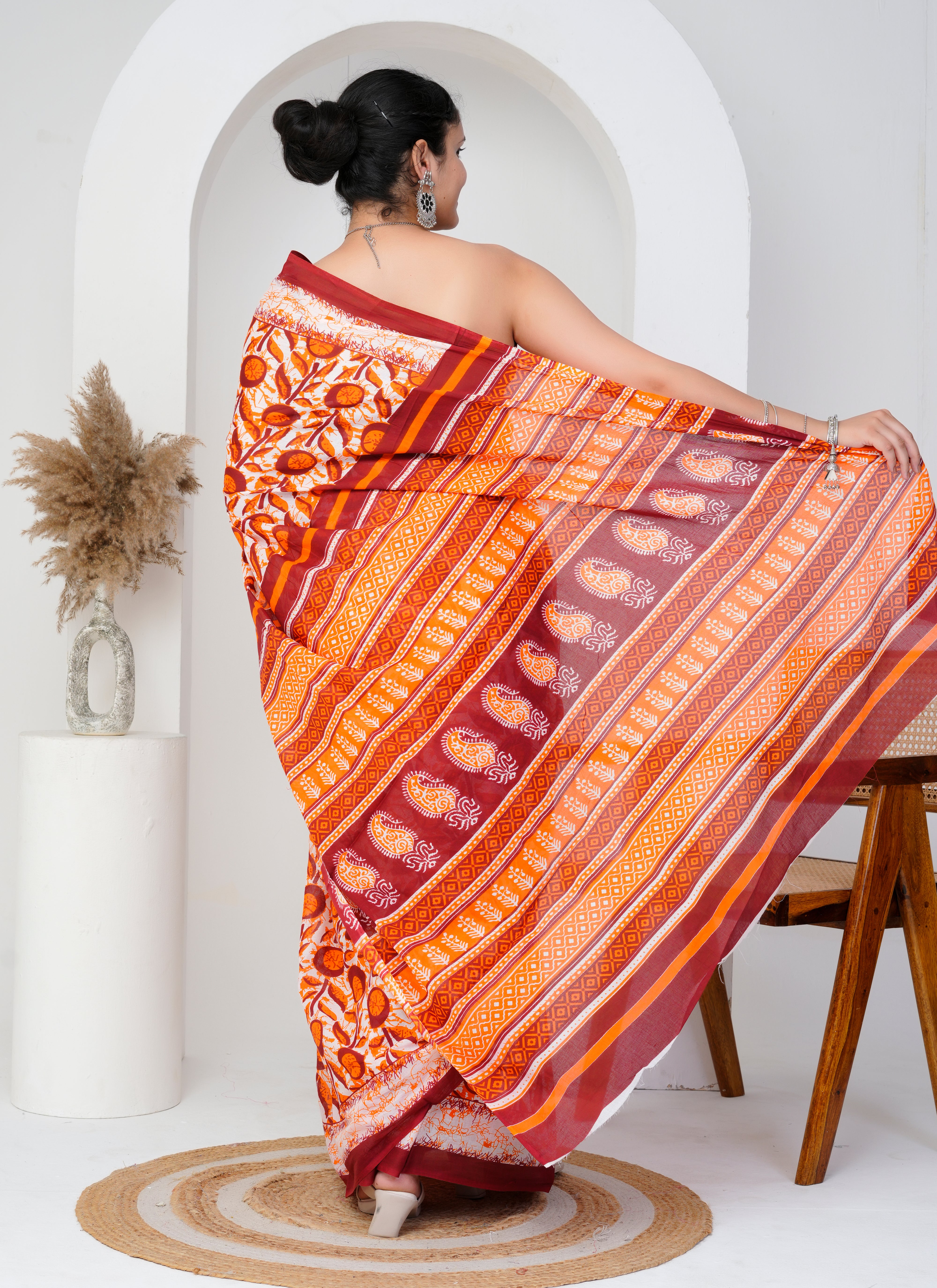 Orange and Maroon Floral Printed Cotton Saree