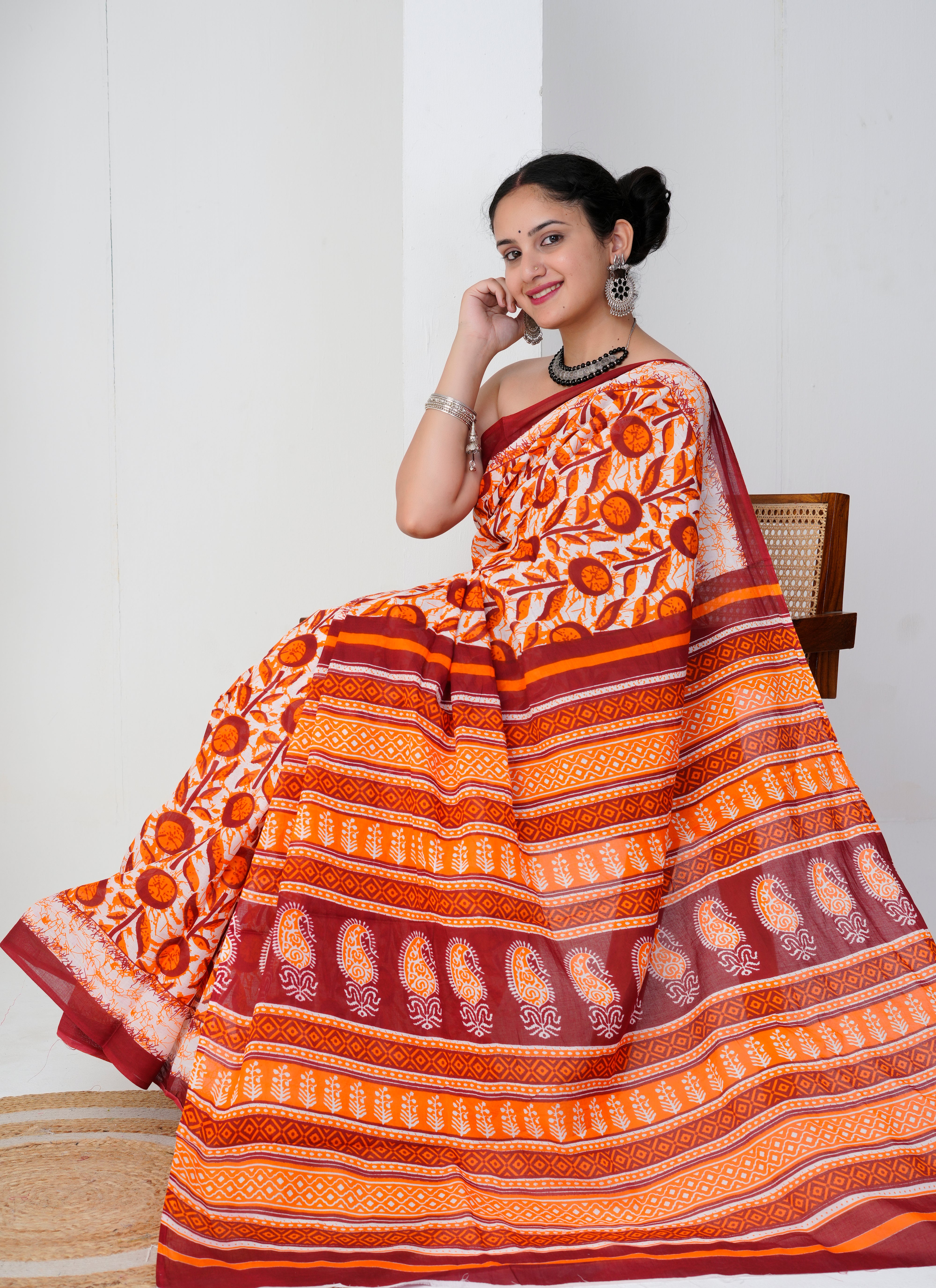 Orange and Maroon Floral Printed Cotton Saree